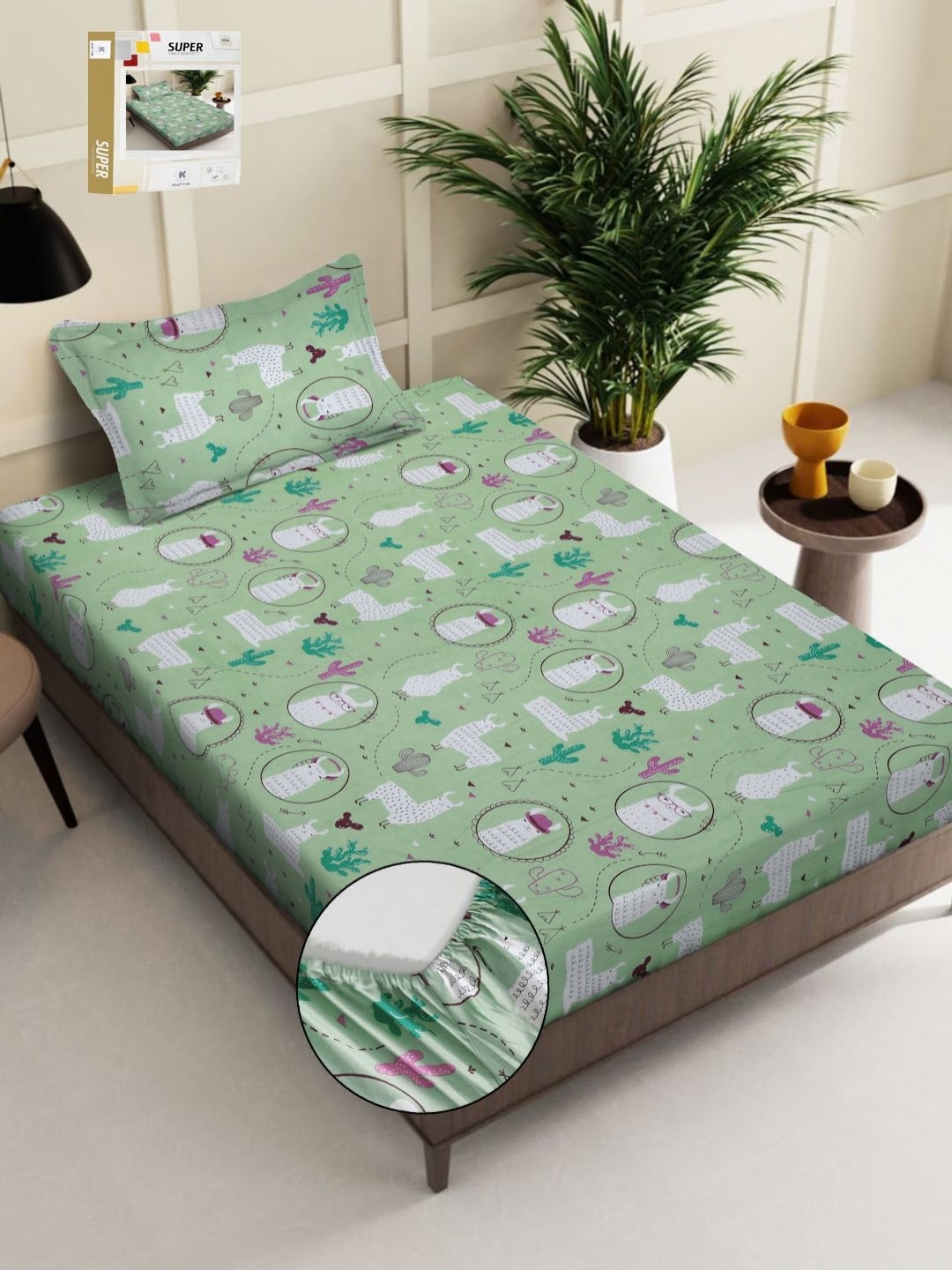 KLOTTHE Green & White Printed 400 TC Pure Cotton Fitted Single Bedsheet & 1 Pillow Covers
KLOTTHE Green & White Printed 400 TC Pure Cotton Fitted Single Bedsheet & 1 Pillow Covers