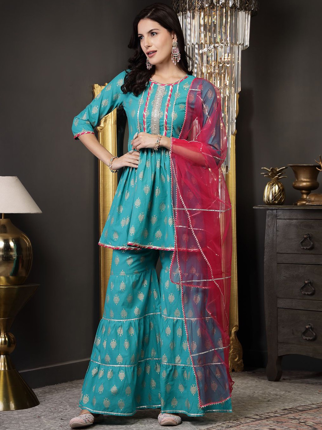 Stylum Women Ethnic Motifs Printed Pleated Kurti with Sharara & With Dupatta, Turquoise blue
Stylum Women Ethnic Motifs Printed Pleated Kurti with Sharara & With Dupatta, Turquoise blue