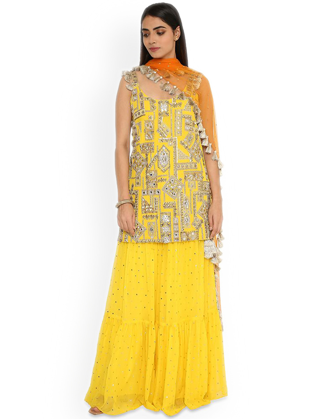 Payal Singhal Geometric Embroidered U-Neck Mirror Work Kurta with Sharara & Dupatta, Yellow
Payal Singhal Geometric Embroidered U-Neck Mirror Work Kurta with Sharara & Dupatta, Yellow