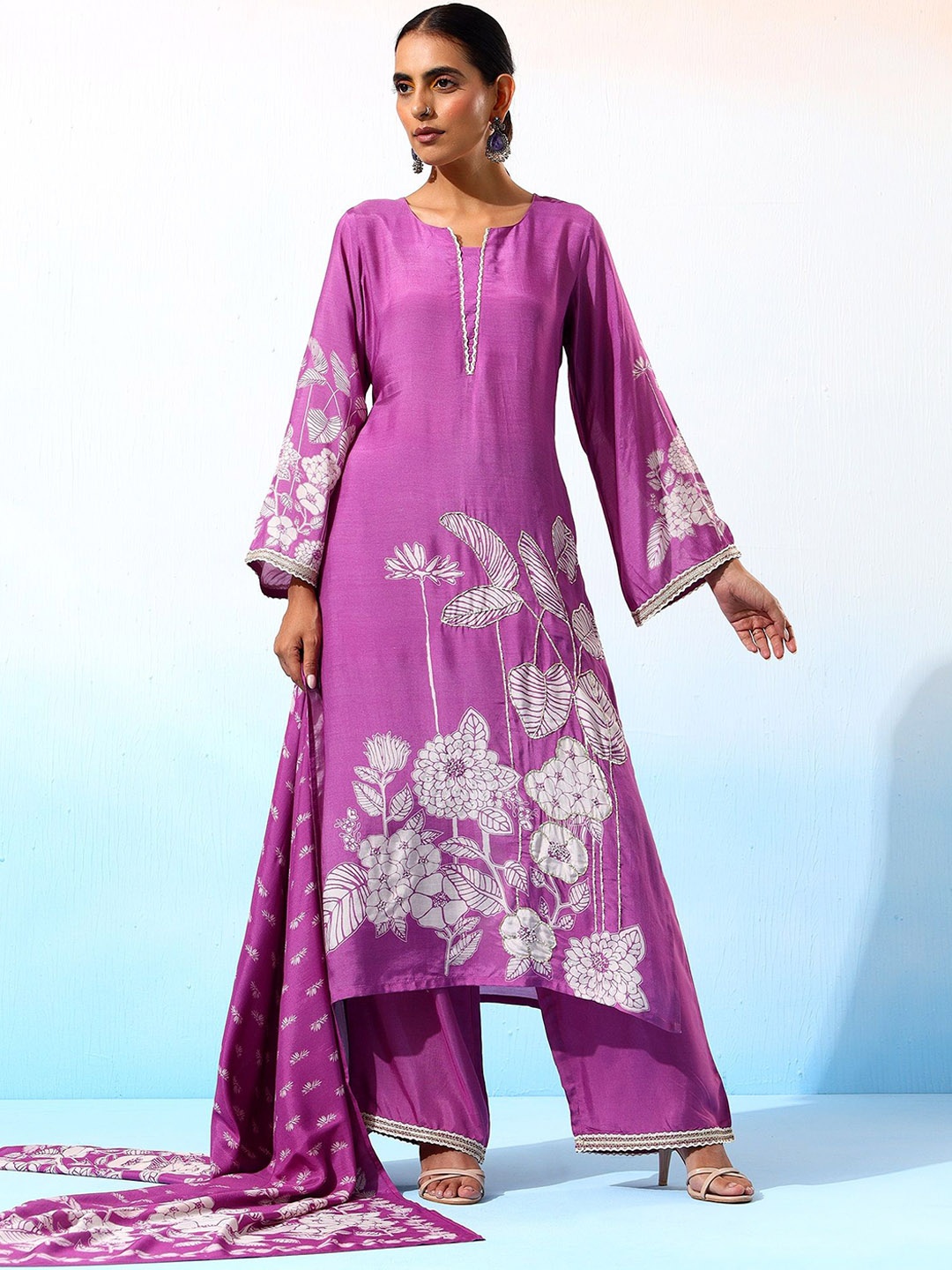 Bani Women Floral Printed Pure Silk Pakistani Style Kurta With Palazzos & Dupatta, Purple
Bani Women Floral Printed Pure Silk Pakistani Style Kurta With Palazzos & Dupatta, Purple