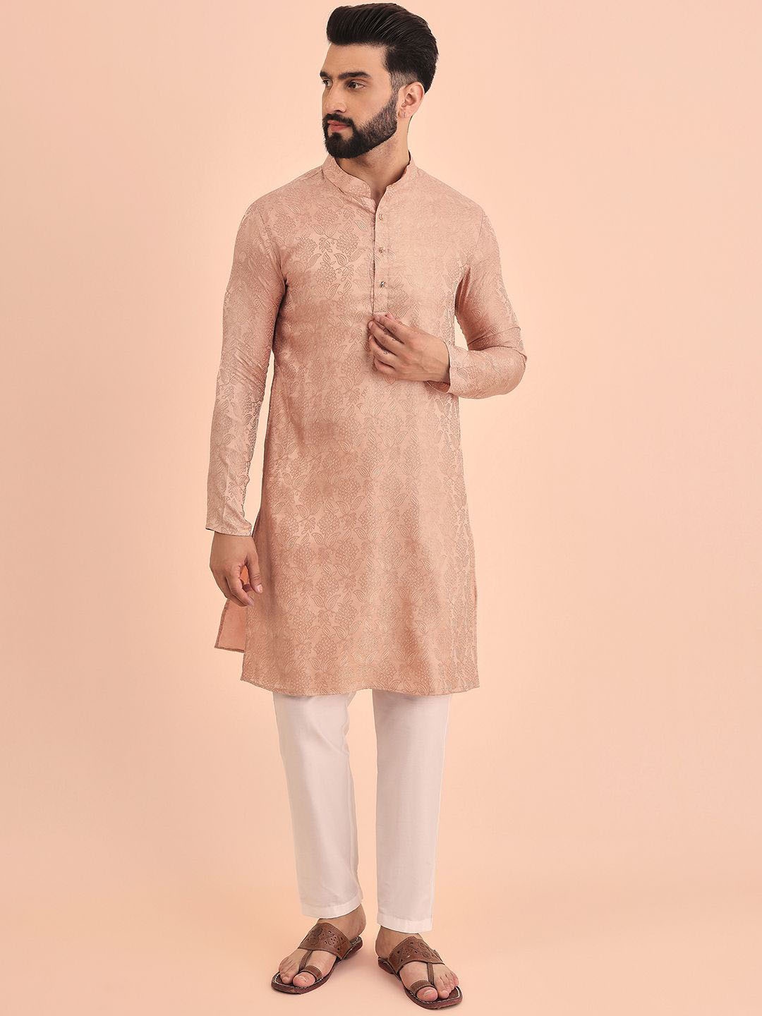 Inddus Floral Woven Design Mandarin Collar Jacquard Silk Straight Kurta with Trousers, Peach
Inddus Floral Woven Design Mandarin Collar Jacquard Silk Straight Kurta with Trousers, Peach