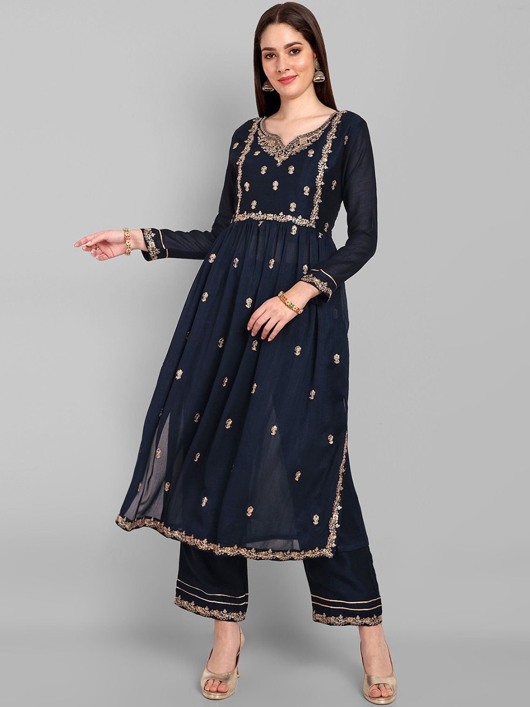 KALINI Embroidered Notch Neck Thread Work Chanderi Silk A-Line Pleated Kurta With Trousers, Blue
KALINI Embroidered Notch Neck Thread Work Chanderi Silk A-Line Pleated Kurta With Trousers, Blue