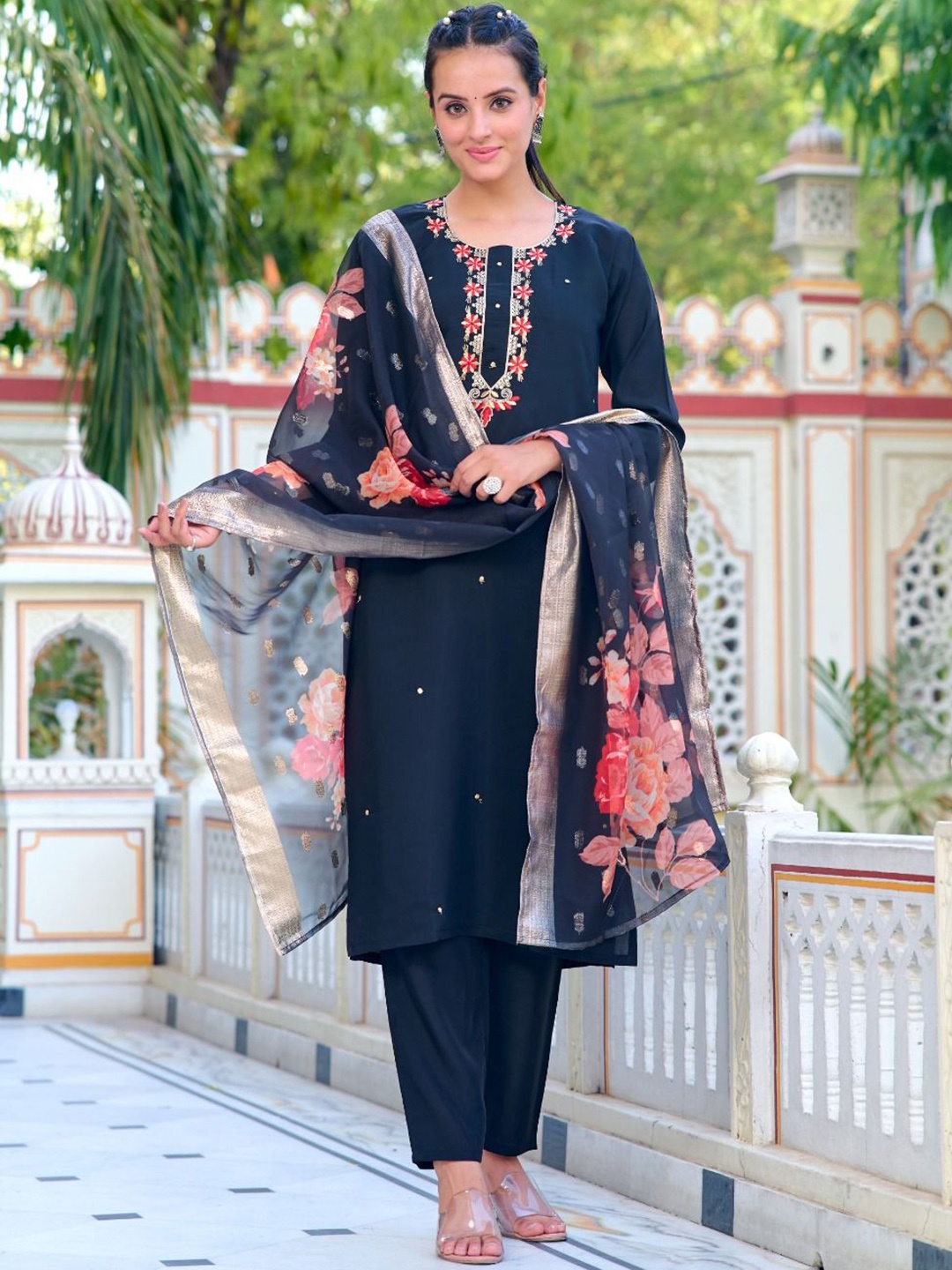 KALINI Floral Embroidered Chanderi Silk Straight Kurta with Trousers & With Dupatta, Black
KALINI Floral Embroidered Chanderi Silk Straight Kurta with Trousers & With Dupatta, Black