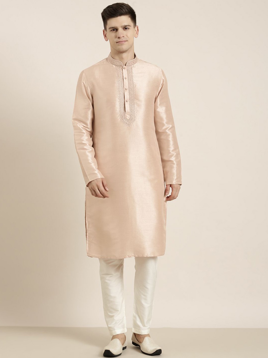 TheEthnic.Co Floral Yoke Design Mandarin Collar Thread Work Kurta with Pyjama, Peach
TheEthnic.Co Floral Yoke Design Mandarin Collar Thread Work Kurta with Pyjama, Peach