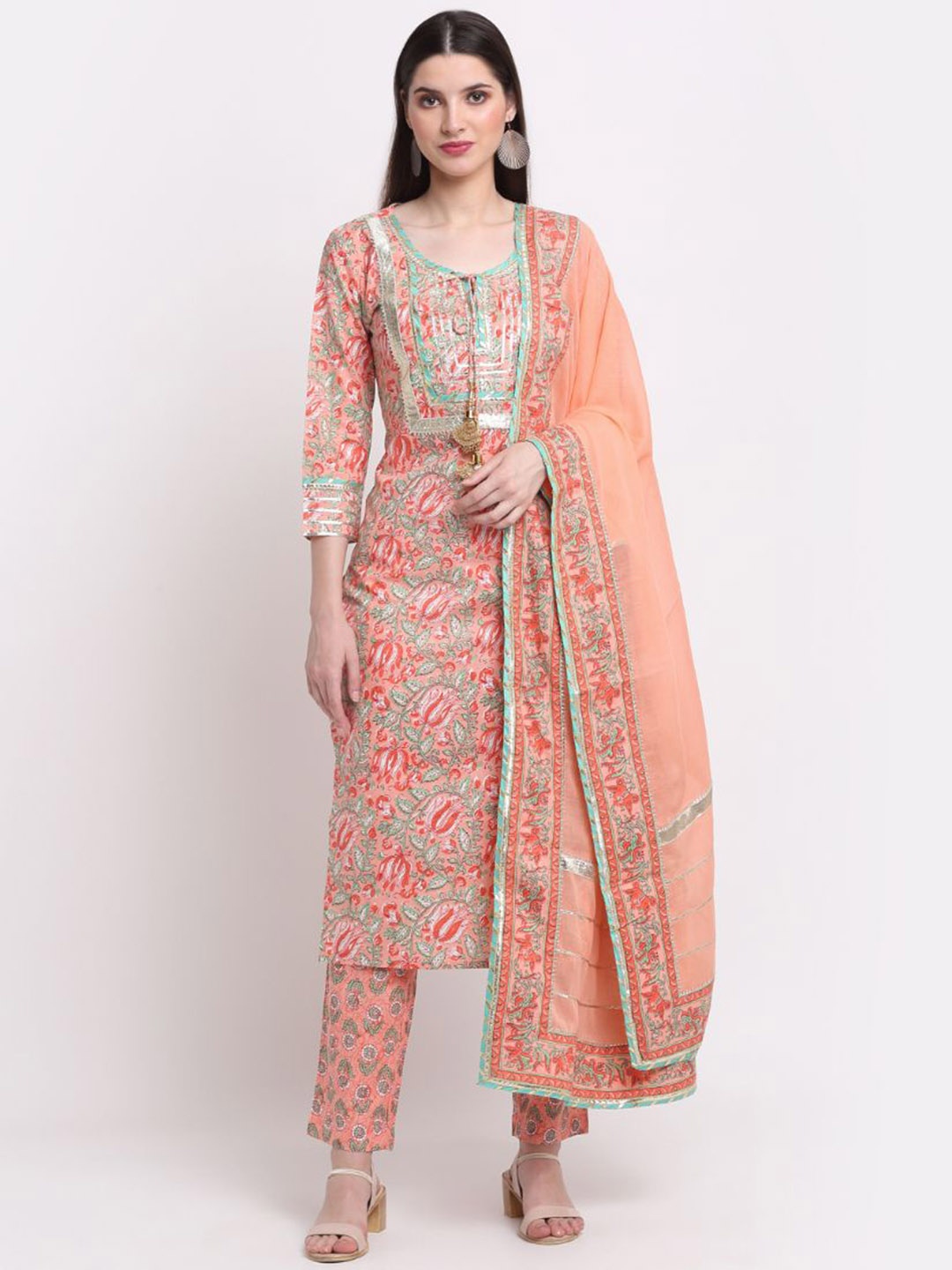 KALINI Floral Printed Tie-Up Neck Pure Cotton Straight Kurta With Trousers & Dupatta, Peach
KALINI Floral Printed Tie-Up Neck Pure Cotton Straight Kurta With Trousers & Dupatta, Peach
