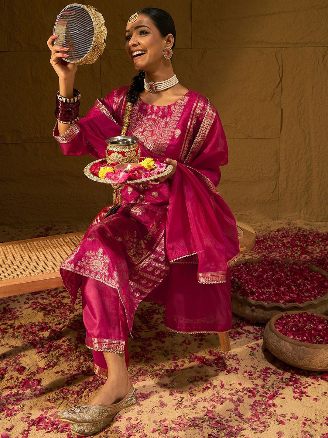 Indo Era Ethnic Motifs Woven Design Round Neck Zari Straight Kurta With Trousers & Dupatta, Pink
Indo Era Ethnic Motifs Woven Design Round Neck Zari Straight Kurta With Trousers & Dupatta, Pink