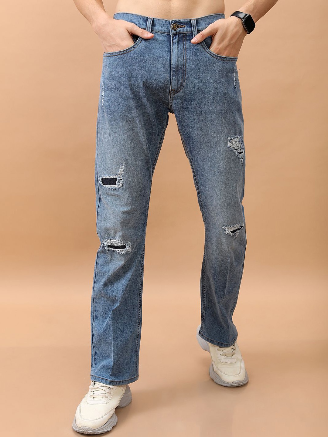 HIGHLANDER Men Straight Fit Mildly Distressed Cotton Light Fade Stretchable Jeans, Blue
HIGHLANDER Men Straight Fit Mildly Distressed Cotton Light Fade Stretchable Jeans, Blue