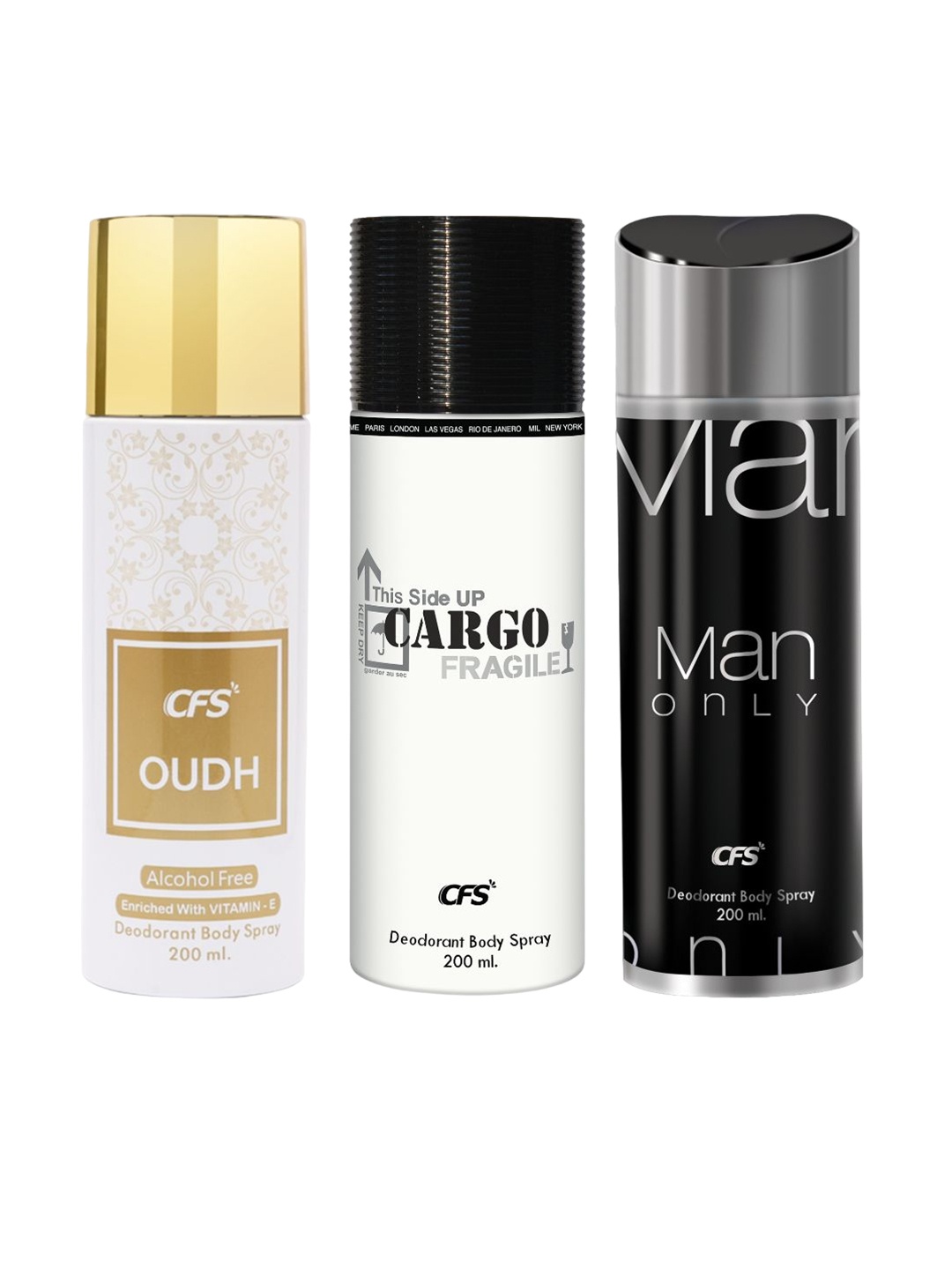 CFS Set Of 3 Cargo Fragile Oudh & Man Only Long Lasting Deodorant Body Spray - 200ml Each, White
CFS Set Of 3 Cargo Fragile Oudh & Man Only Long Lasting Deodorant Body Spray - 200ml Each, White