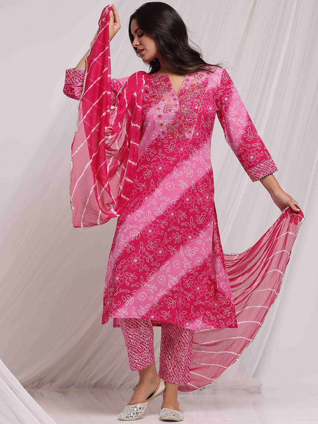 Anouk Pink Bandhani Printed Mirror Work Pure Cotton Straight Kurta With Trouser & Dupatta
Anouk Pink Bandhani Printed Mirror Work Pure Cotton Straight Kurta With Trouser & Dupatta