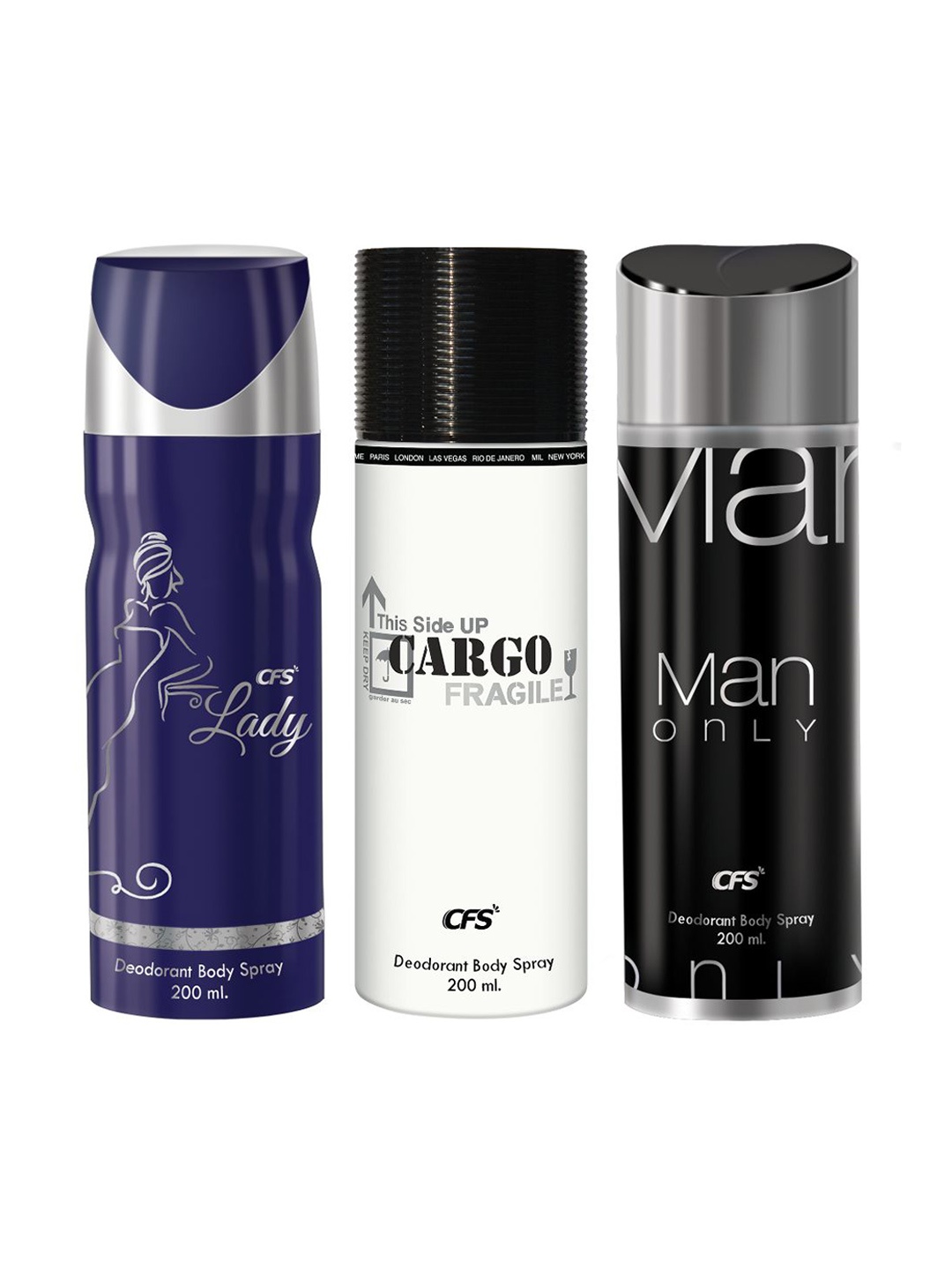 CFS Set Of 3 Cargo Fragile, Lady & Man Only Long Lasting Deodorant Body Spray - 200ml Each, White
CFS Set Of 3 Cargo Fragile, Lady & Man Only Long Lasting Deodorant Body Spray - 200ml Each, White