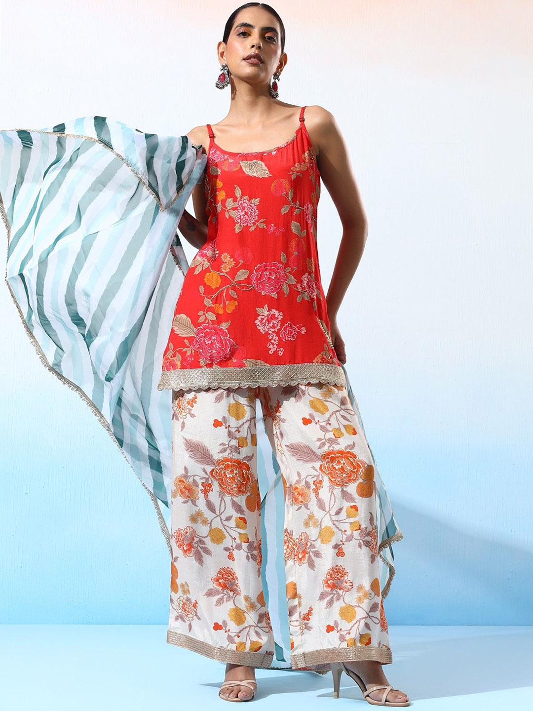Bani Women Floral Printed Shoulder Straps Pure Silk KurtI With Palazzos & Dupatta, Red
Bani Women Floral Printed Shoulder Straps Pure Silk KurtI With Palazzos & Dupatta, Red