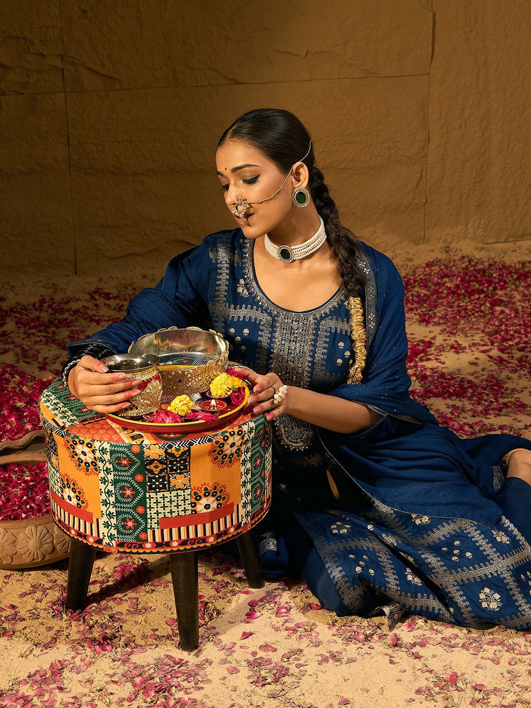 Indo Era Ethnic Motifs Embroidered Zari Straight Kurta with Trousers & Dupatta, Blue
Indo Era Ethnic Motifs Embroidered Zari Straight Kurta with Trousers & Dupatta, Blue