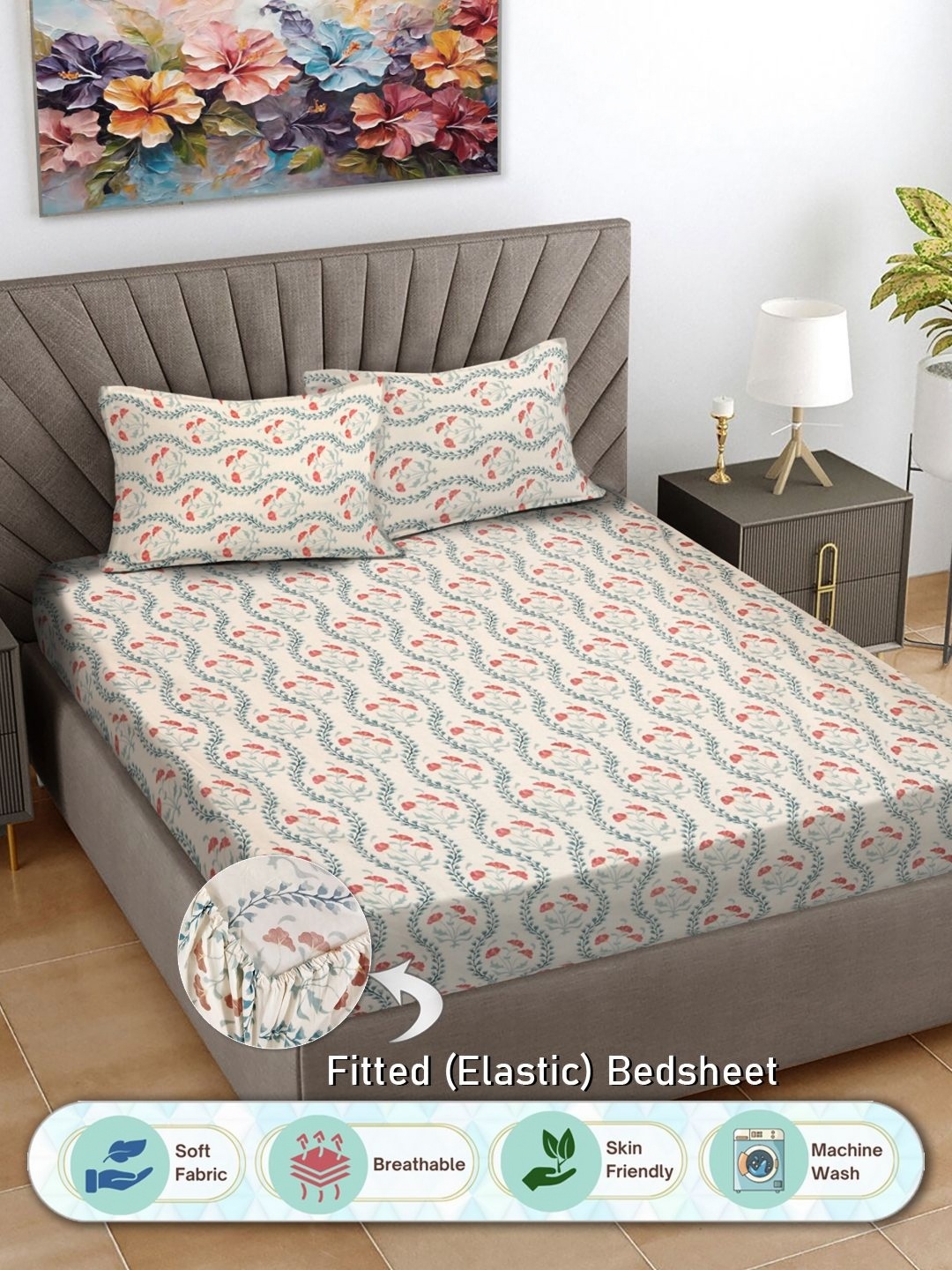 FABINALIV Cream & Brown Floral Print 300 TC Fitted Super King Bedsheet & 2 Pillow Covers
FABINALIV Cream & Brown Floral Print 300 TC Fitted Super King Bedsheet & 2 Pillow Covers
