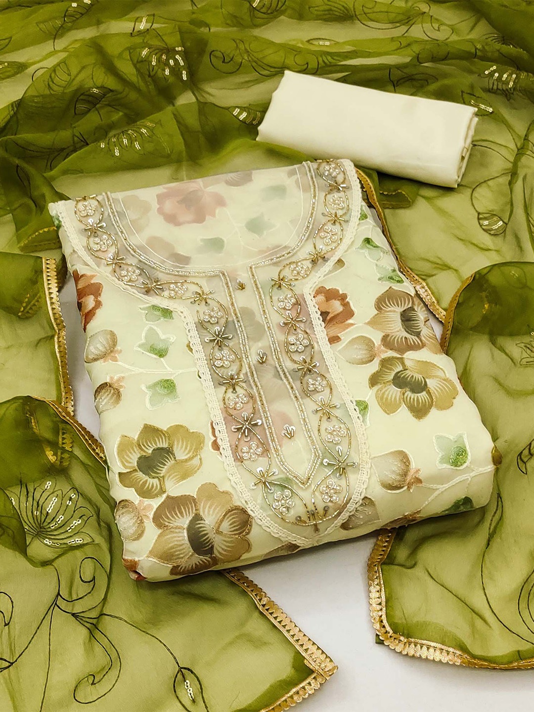 Peachmode Floral Embroidered Beads and Stones Organza Unstitched Dress Material, Cream
Peachmode Floral Embroidered Beads and Stones Organza Unstitched Dress Material, Cream
