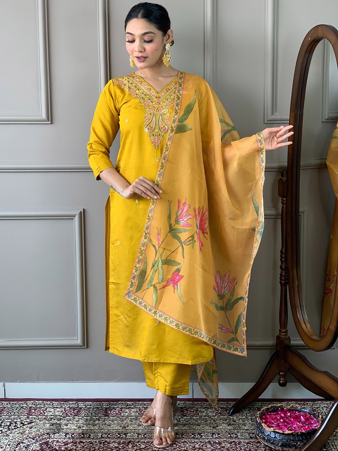 KALINI Floral Embroidered Thread Work Cotton Silk Straight Kurta With Trousers & Dupatta, Mustard
KALINI Floral Embroidered Thread Work Cotton Silk Straight Kurta With Trousers & Dupatta, Mustard