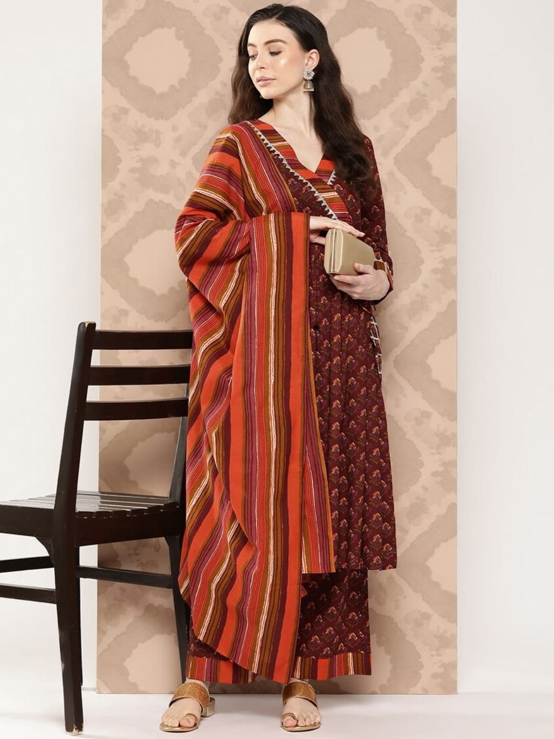 KALINI Floral Printed Gotta Patti V-Neck Angrakha Cotton Anarkali Kurta With Dupatta, Coffee brown
KALINI Floral Printed Gotta Patti V-Neck Angrakha Cotton Anarkali Kurta With Dupatta, Coffee brown
