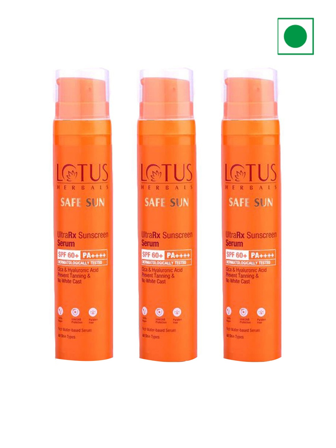 Lotus Herbals Safe Sun Set Of 3 Ultrarx Sunscreen Serum SPF60 PA++++ - 75g Each, Orange
Lotus Herbals Safe Sun Set Of 3 Ultrarx Sunscreen Serum SPF60 PA++++ - 75g Each, Orange