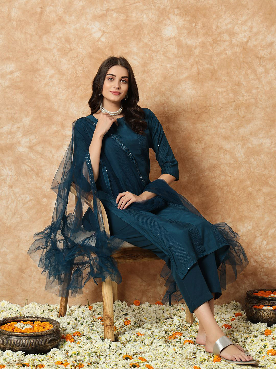 YOYO Fashion Striped Embroidered Sequinned Keyhole Neck Kurta with Trousers & Dupatta, Turquoise blue
YOYO Fashion Striped Embroidered Sequinned Keyhole Neck Kurta with Trousers & Dupatta, Turquoise blue