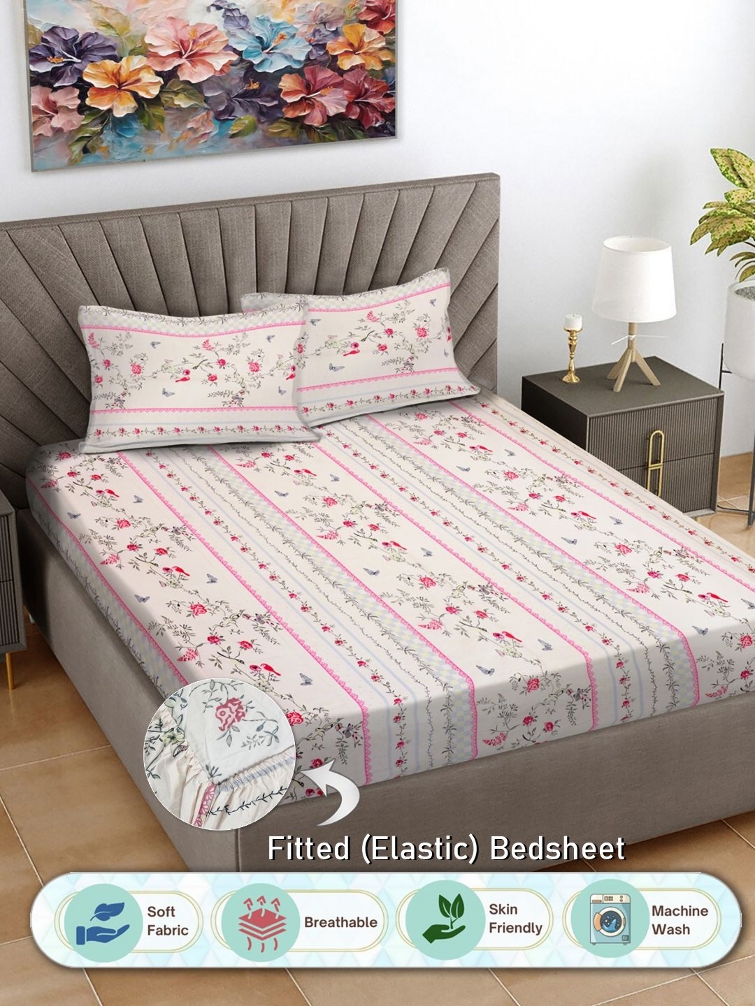 FABINALIV Cream & Pink Floral Print 300 TC Fitted Super King Bedsheet & 2 Pillow Covers, White
FABINALIV Cream & Pink Floral Print 300 TC Fitted Super King Bedsheet & 2 Pillow Covers, White