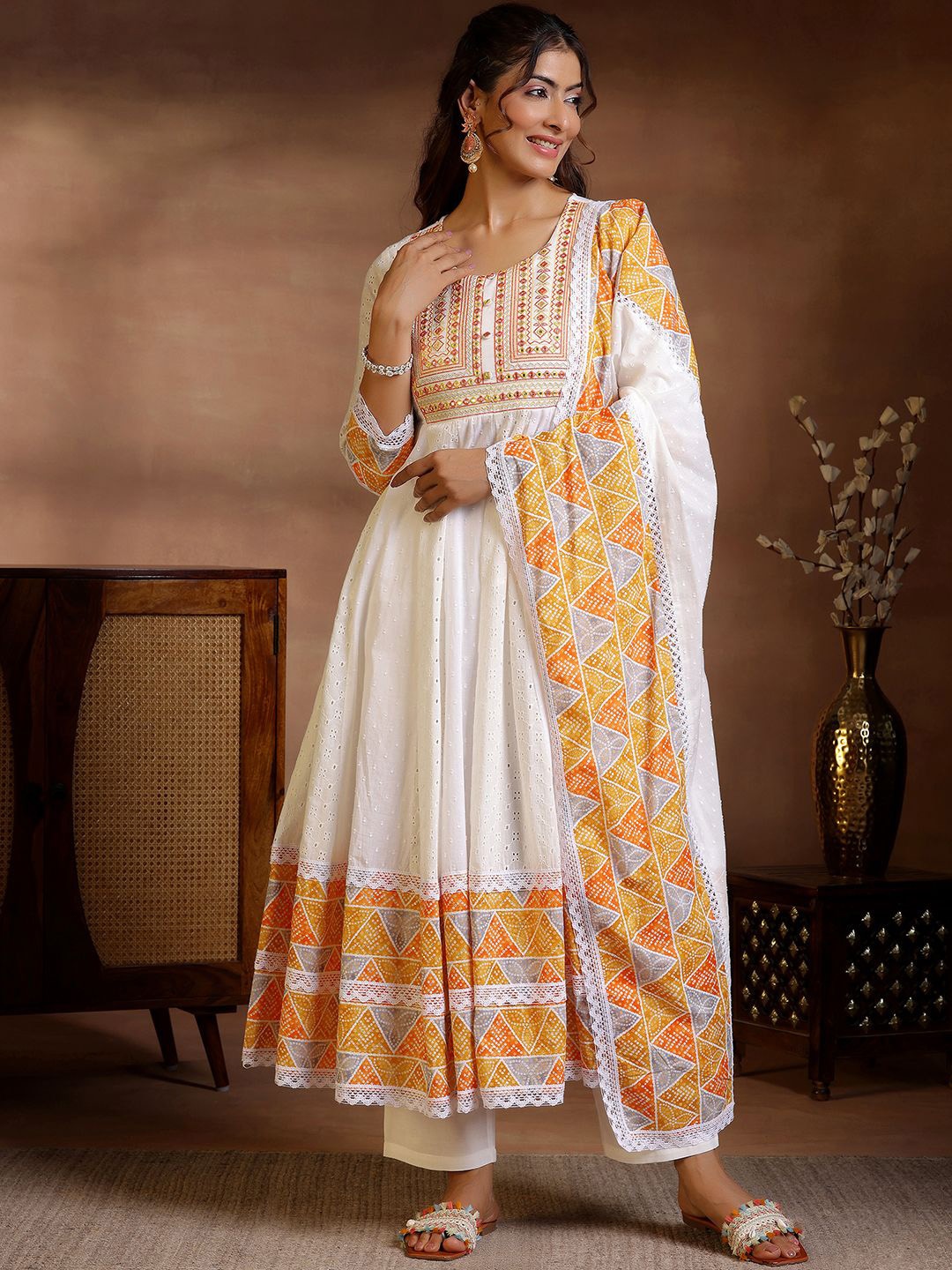 Libas Ethnic Motifs Printed Mirror Work Pure Cotton Anarkali Kurta with Trousers & Dupatta, White
Libas Ethnic Motifs Printed Mirror Work Pure Cotton Anarkali Kurta with Trousers & Dupatta, White