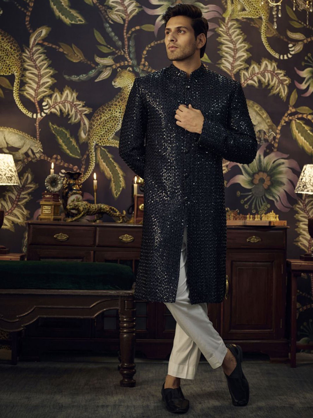 KASBAH CLOTHING NISHCHAIY SAJDEH Embellished Mandarin Collar Silk Straight Kurta, Navy blue
KASBAH CLOTHING NISHCHAIY SAJDEH Embellished Mandarin Collar Silk Straight Kurta, Navy blue