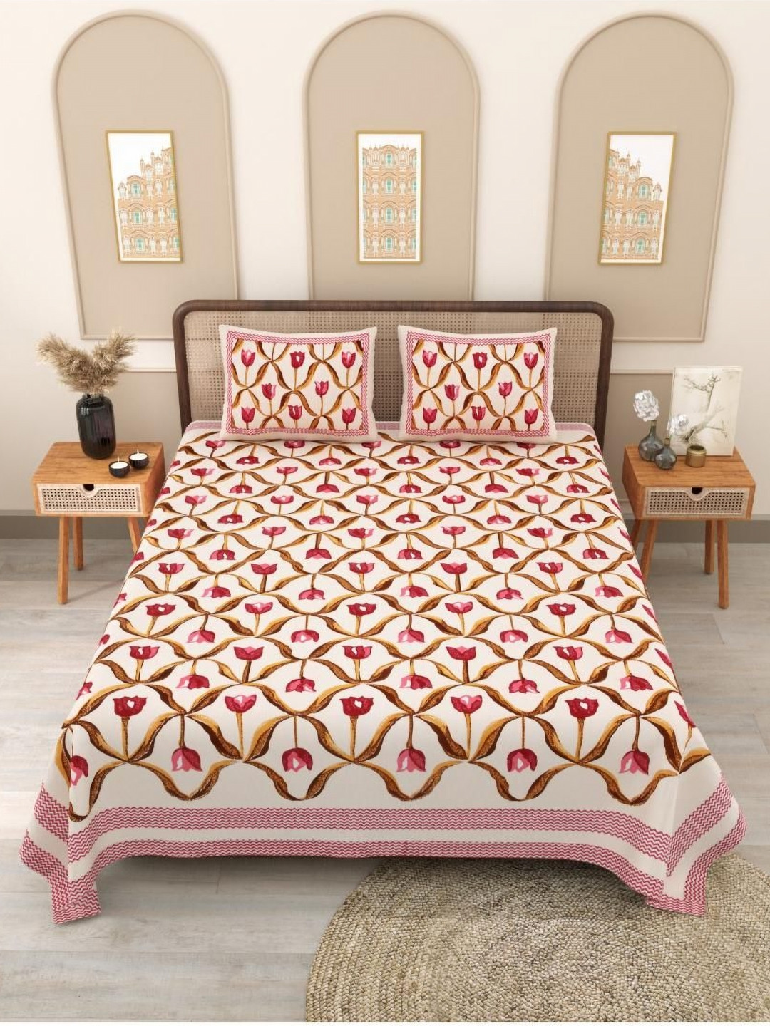 Block Print Story Pink & Brown Floral 210 TC Queen Bedsheet with 2 Pillow Covers
Block Print Story Pink & Brown Floral 210 TC Queen Bedsheet with 2 Pillow Covers