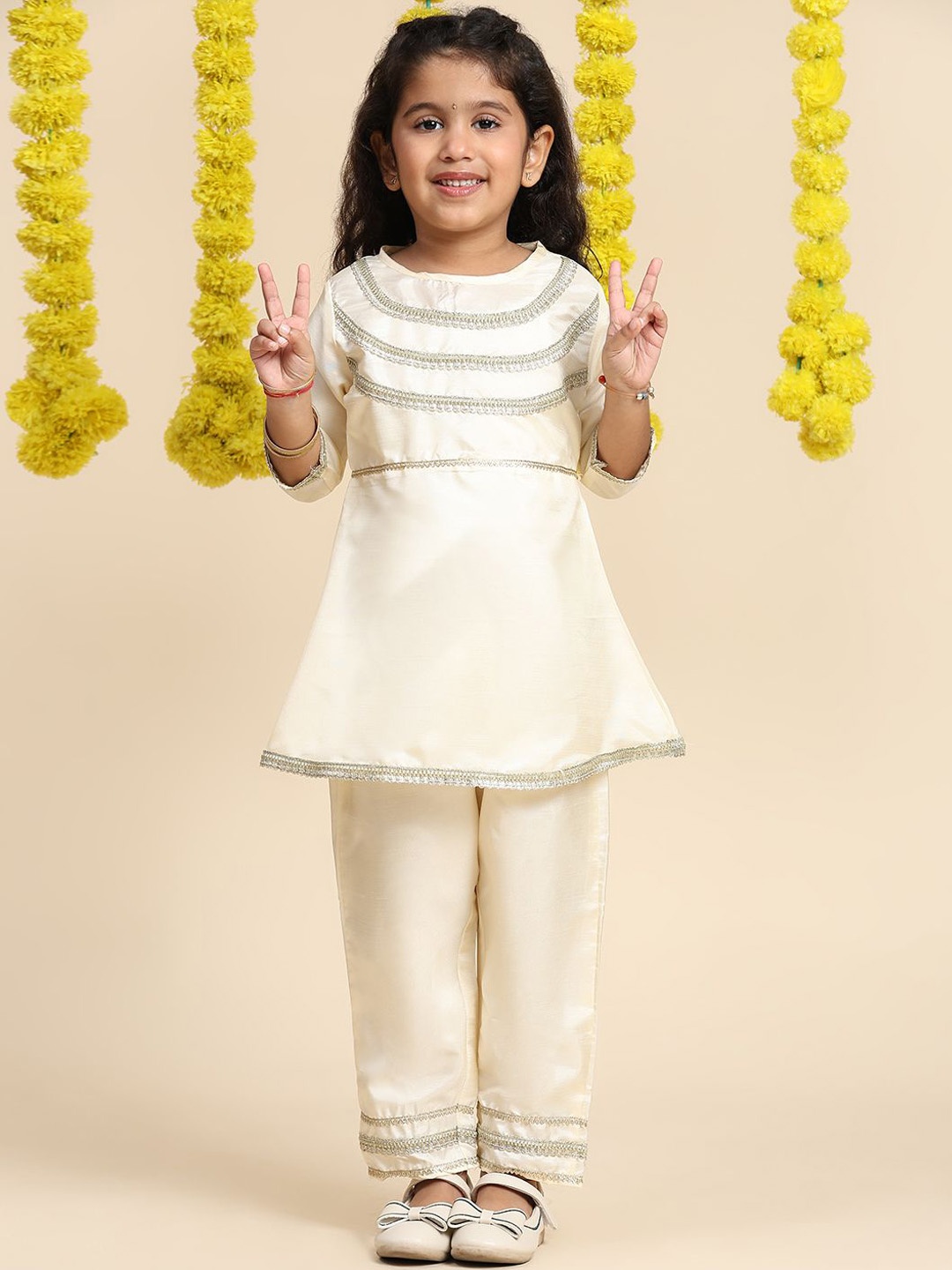Cutiekins Girls Yoke Design Empire Gotta Patti A-Line Kurti with Palazzos, Cream
Cutiekins Girls Yoke Design Empire Gotta Patti A-Line Kurti with Palazzos, Cream