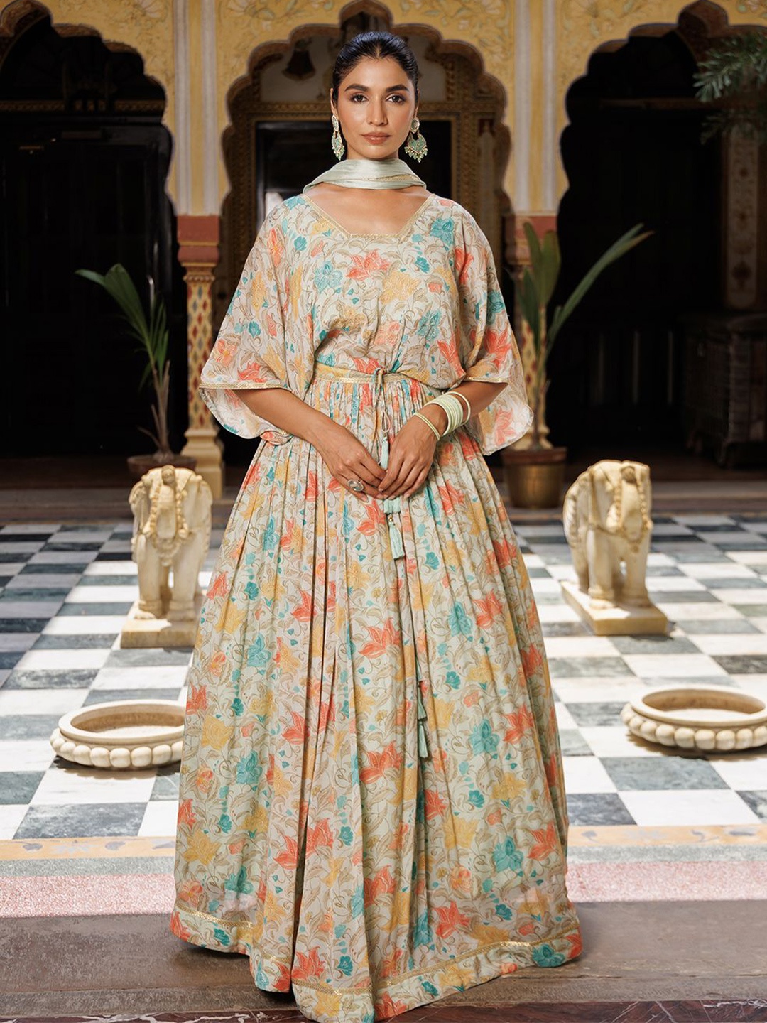 Ragavi Floral Printed Ready to Wear Pure Chinon Lehenga & Blouse With Dupatta, Off white
Ragavi Floral Printed Ready to Wear Pure Chinon Lehenga & Blouse With Dupatta, Off white