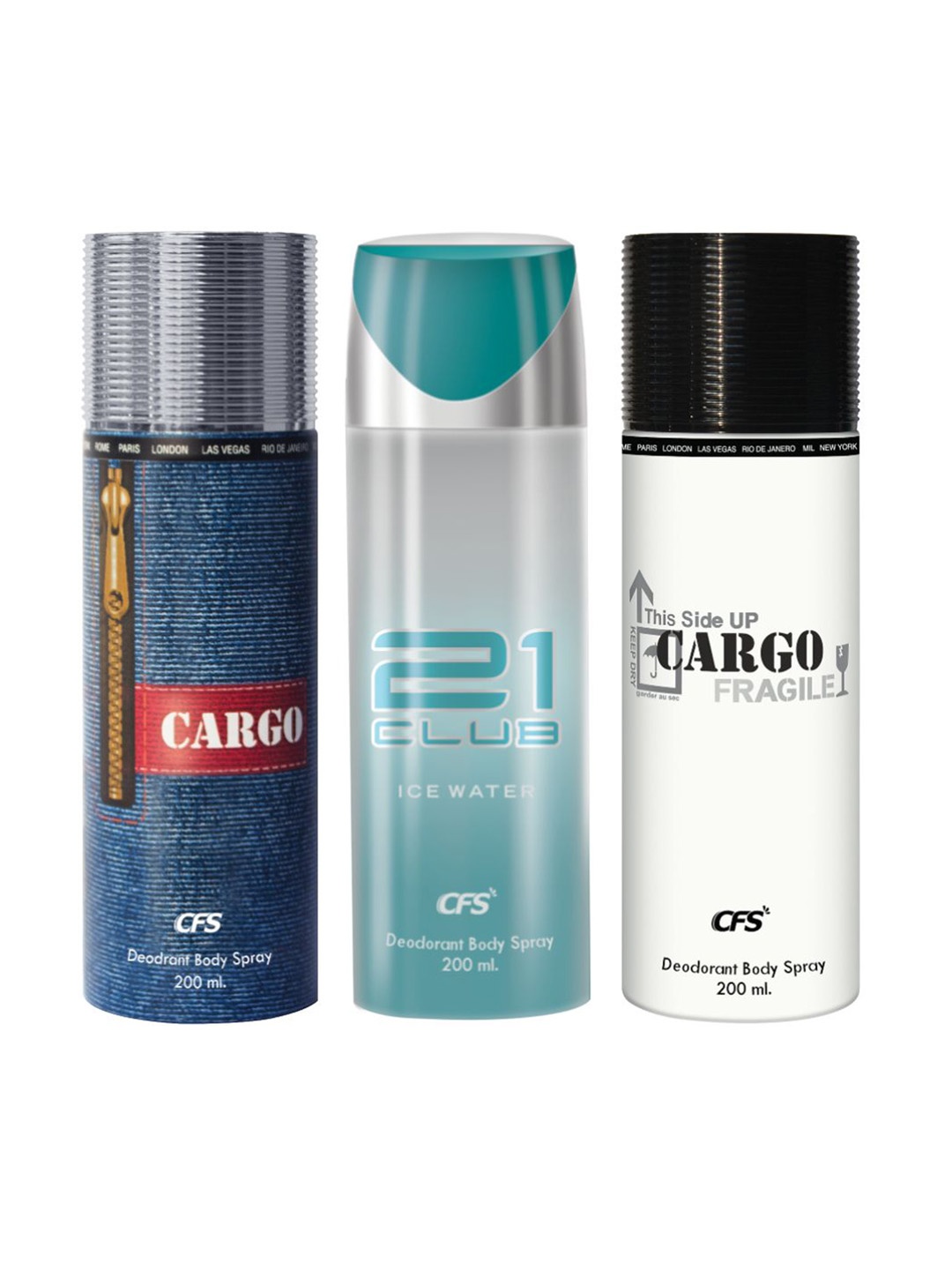 CFS Set Of 3 Cargo Blue, 21 Club, & Cargo White Long Lasting Deodorant- 200 ml Each
CFS Set Of 3 Cargo Blue, 21 Club, & Cargo White Long Lasting Deodorant- 200 ml Each