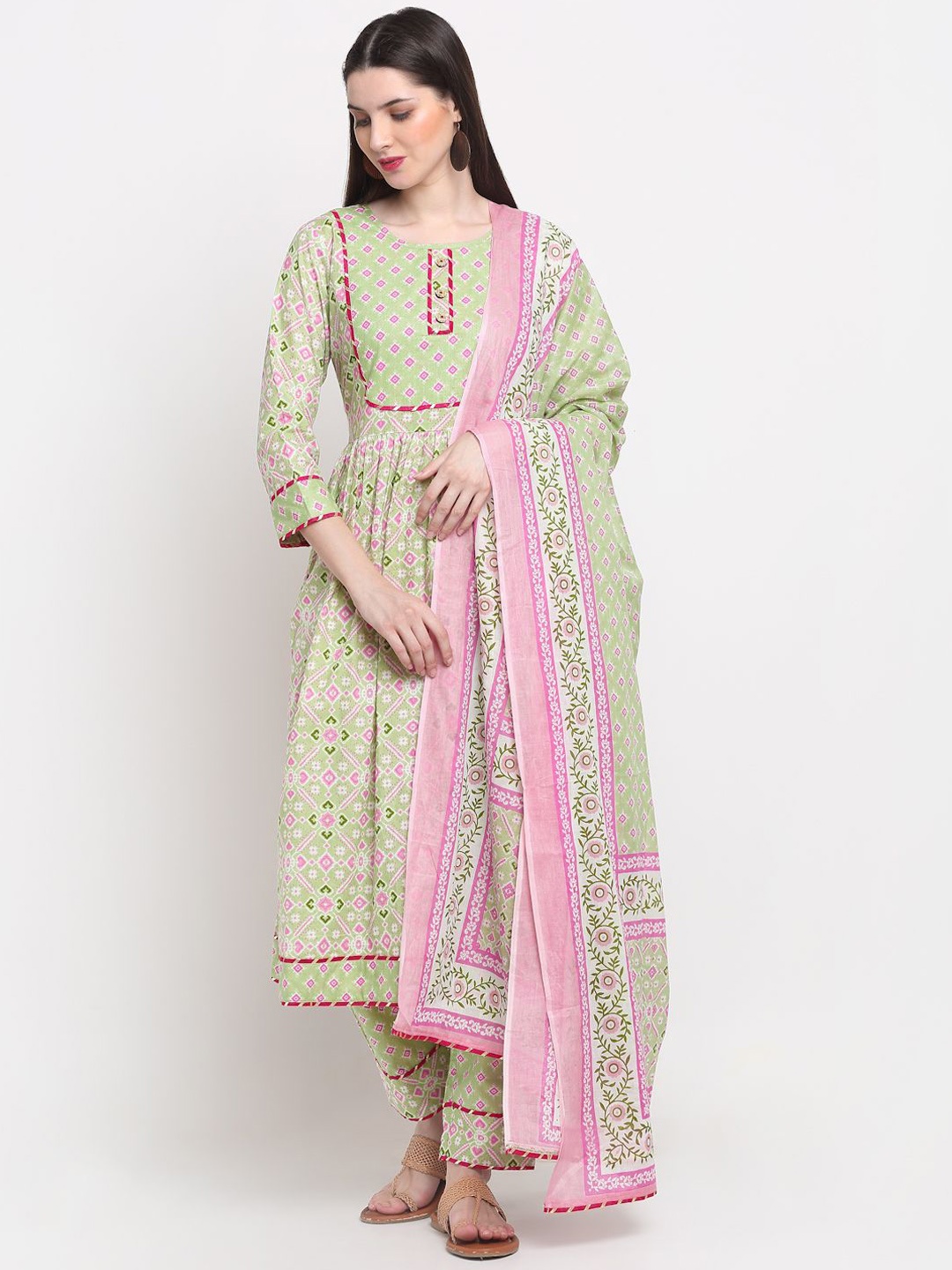 KALINI Floral Printed Gotta Patti Cotton Empire Anarkali Kurta With Dupatta, Fluorescent green
KALINI Floral Printed Gotta Patti Cotton Empire Anarkali Kurta With Dupatta, Fluorescent green