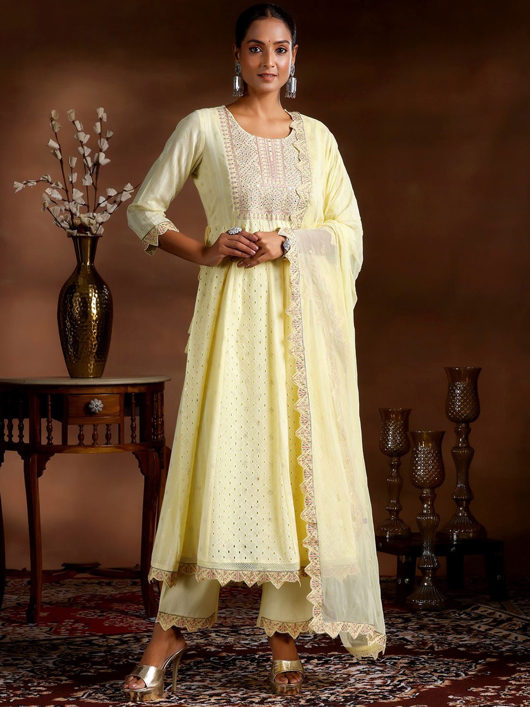 Libas Ethnic Motif Embroidered Sequinned Pure Cotton Anarkali Kurta With Trouser & Dupatta, Yellow
Libas Ethnic Motif Embroidered Sequinned Pure Cotton Anarkali Kurta With Trouser & Dupatta, Yellow