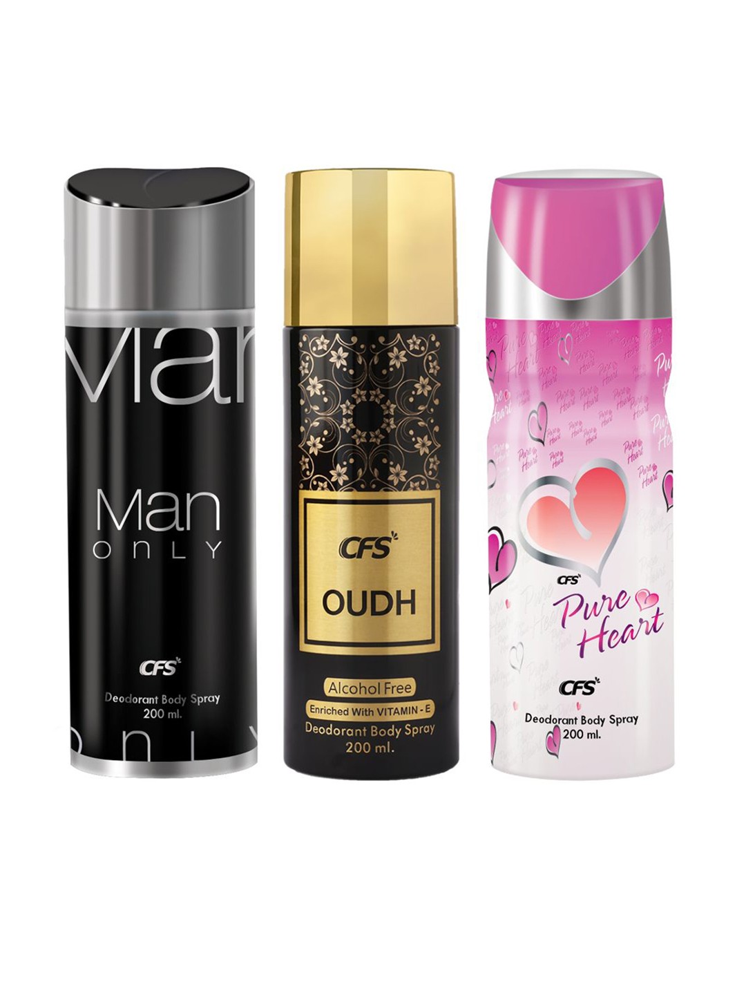 CFS Set Of 3 Man Only, Oudh & Pure Heart Long Lasting Deodorant Spray - 200ml Each, Black
CFS Set Of 3 Man Only, Oudh & Pure Heart Long Lasting Deodorant Spray - 200ml Each, Black
