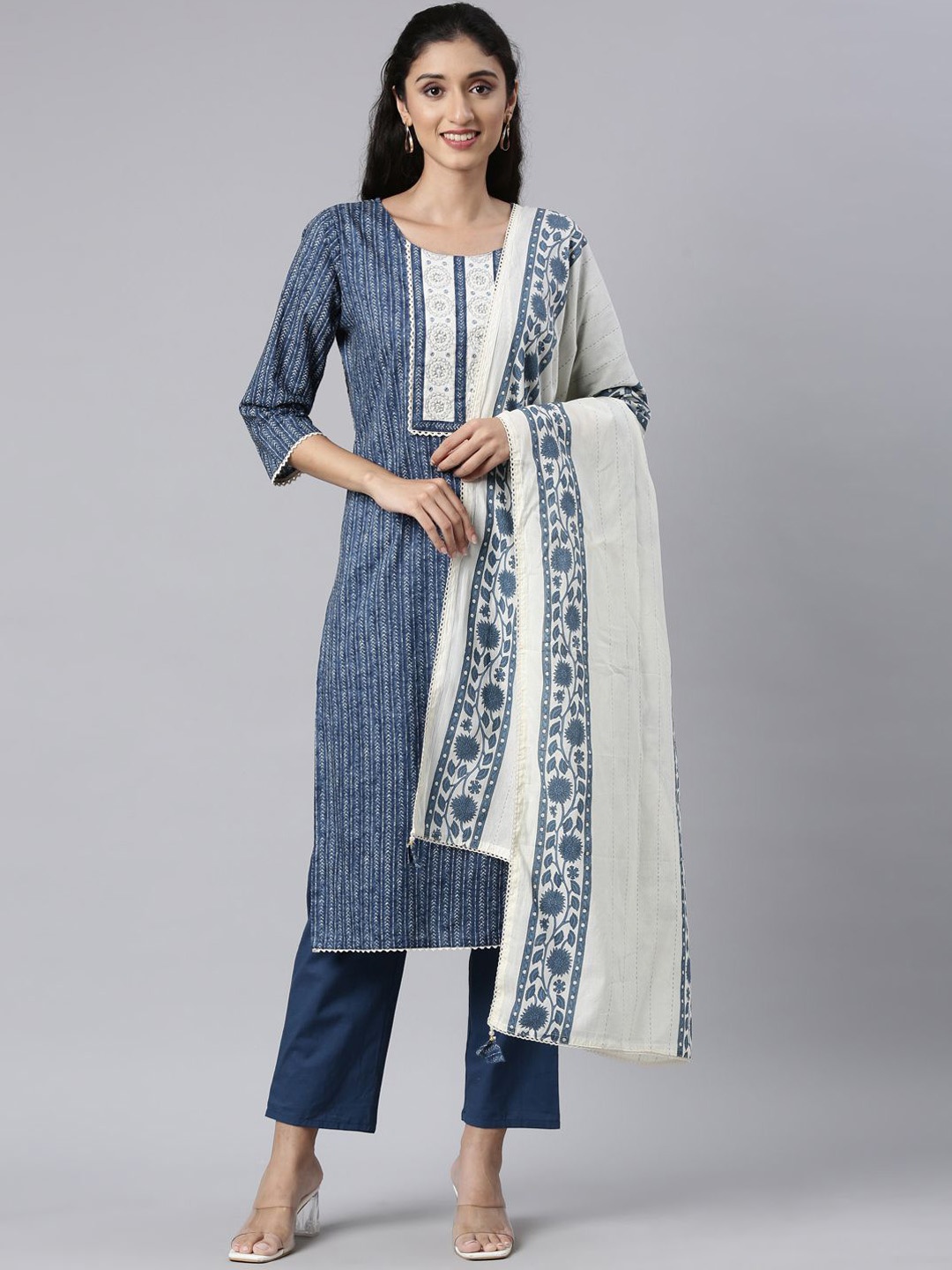 Neerus Women Striped Panelled Beads and Stones Kurta with Trousers & With Dupatta, Blue
Neerus Women Striped Panelled Beads and Stones Kurta with Trousers & With Dupatta, Blue