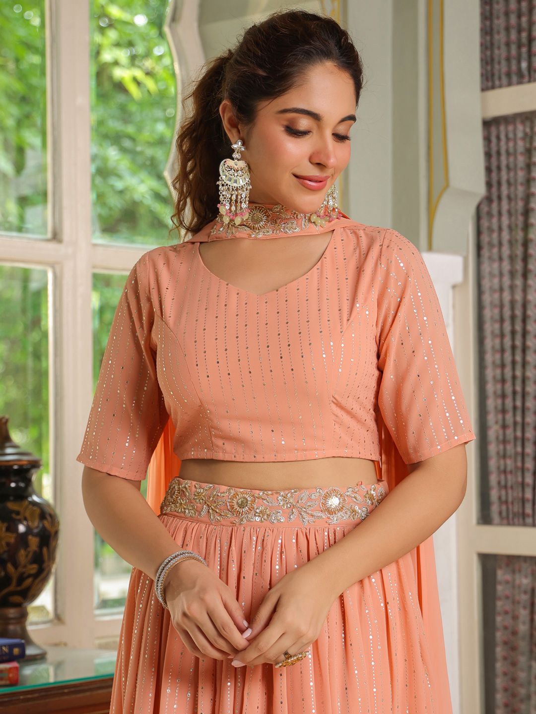 Janasya Embellished Beads and Stones Ready to Wear Lehenga & Blouse With Dupatta, Peach
Janasya Embellished Beads and Stones Ready to Wear Lehenga & Blouse With Dupatta, Peach