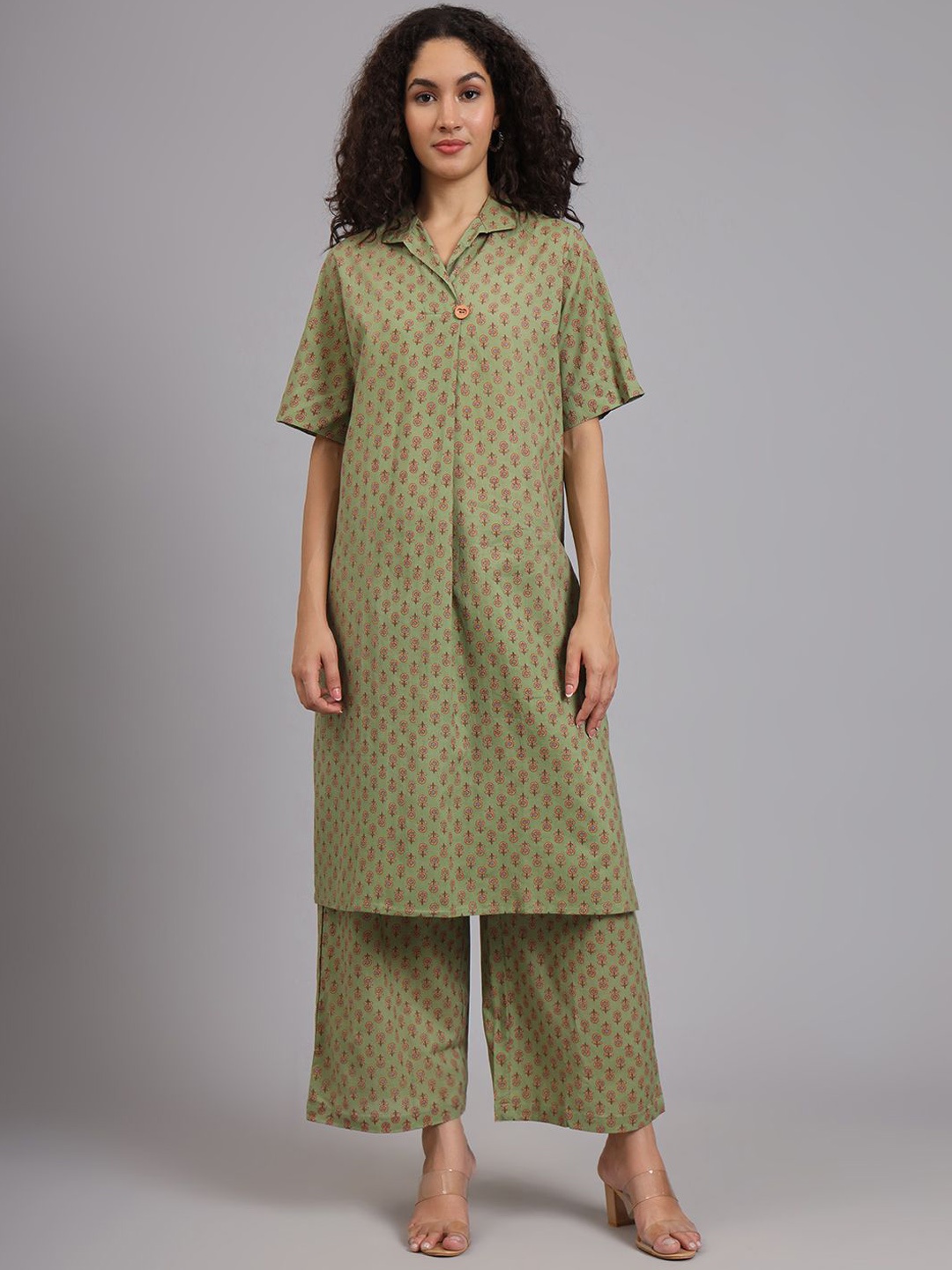 FABRIC FITOOR Women Floral Printed Regular Pure Cotton Kurta with Palazzos, Olive
FABRIC FITOOR Women Floral Printed Regular Pure Cotton Kurta with Palazzos, Olive