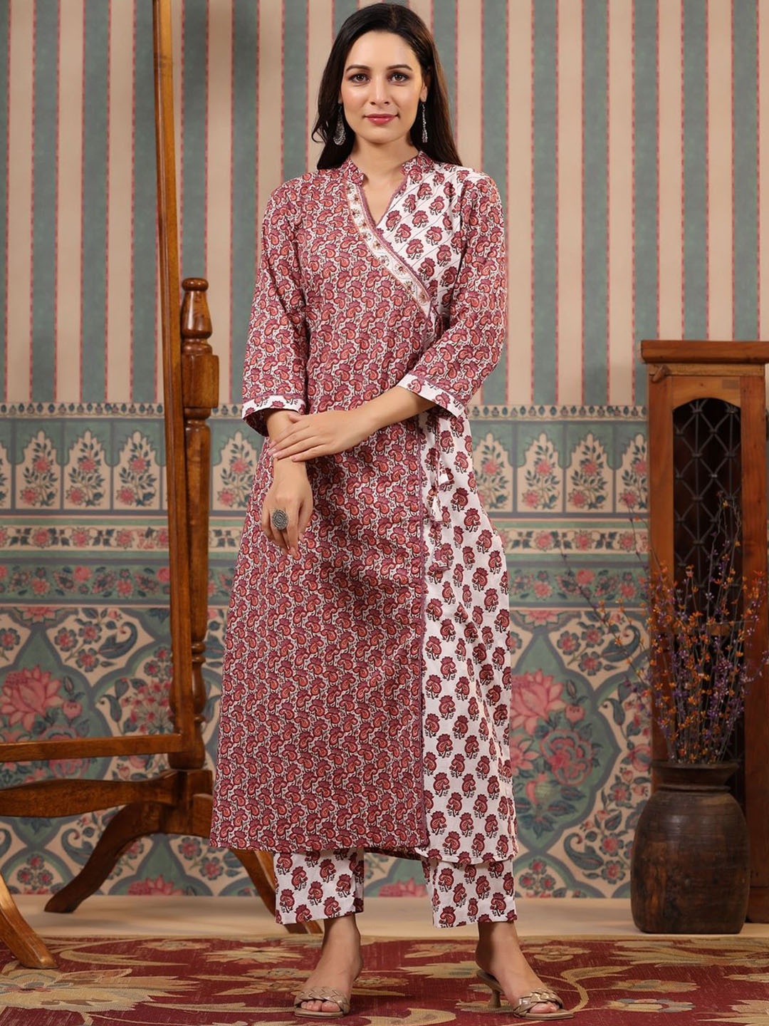 KALINI Women Ethnic Motifs Yoke Design Angrakha Beads and Stones Pure Cotton Kurta with Trousers, Red
KALINI Women Ethnic Motifs Yoke Design Angrakha Beads and Stones Pure Cotton Kurta with Trousers, Red