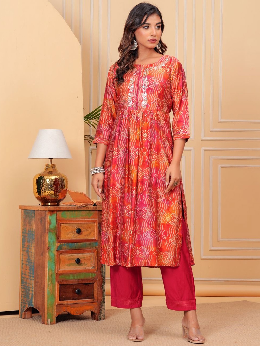 KALINI Women Bandhani Printed Regular Thread Work Pure Silk Kurta with Trousers & With Dupatta, Pink
KALINI Women Bandhani Printed Regular Thread Work Pure Silk Kurta with Trousers & With Dupatta, Pink