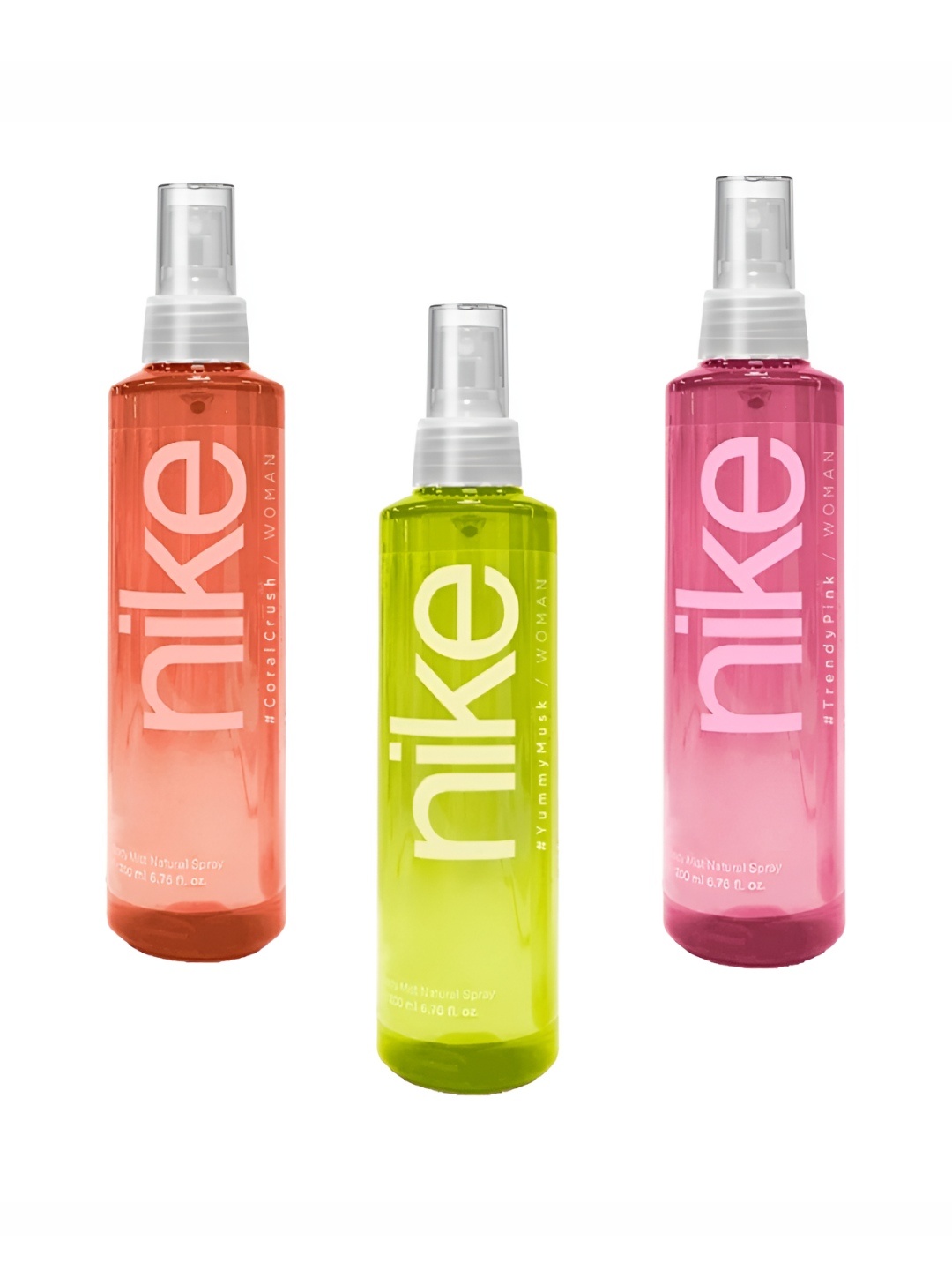 Nike 3 Pcs Women Trendy Pink Yummy Musk Coral Crush Body Mist Natural Spray 600 ml, Transparent
Nike 3 Pcs Women Trendy Pink Yummy Musk Coral Crush Body Mist Natural Spray 600 ml, Transparent