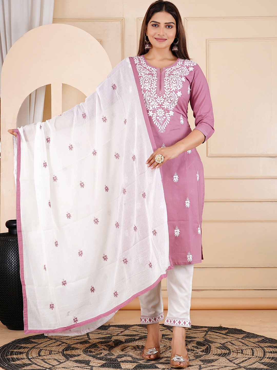 RAJPUTANA CAMISA Women Ethnic Motifs Embroidered Regular Pure Cotton Kurta with Pyjamas & With Dupatta, Pink
RAJPUTANA CAMISA Women Ethnic Motifs Embroidered Regular Pure Cotton Kurta with Pyjamas & With Dupatta, Pink