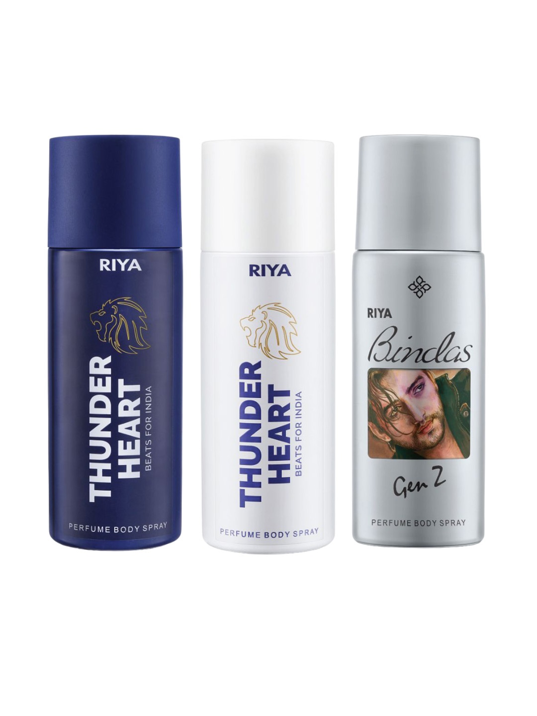 RIYA Thunder Heart Blue, Thunder Heart White & Bindas Grey Set Of 3 Perfume Body Spray, Multi
RIYA Thunder Heart Blue, Thunder Heart White & Bindas Grey Set Of 3 Perfume Body Spray, Multi