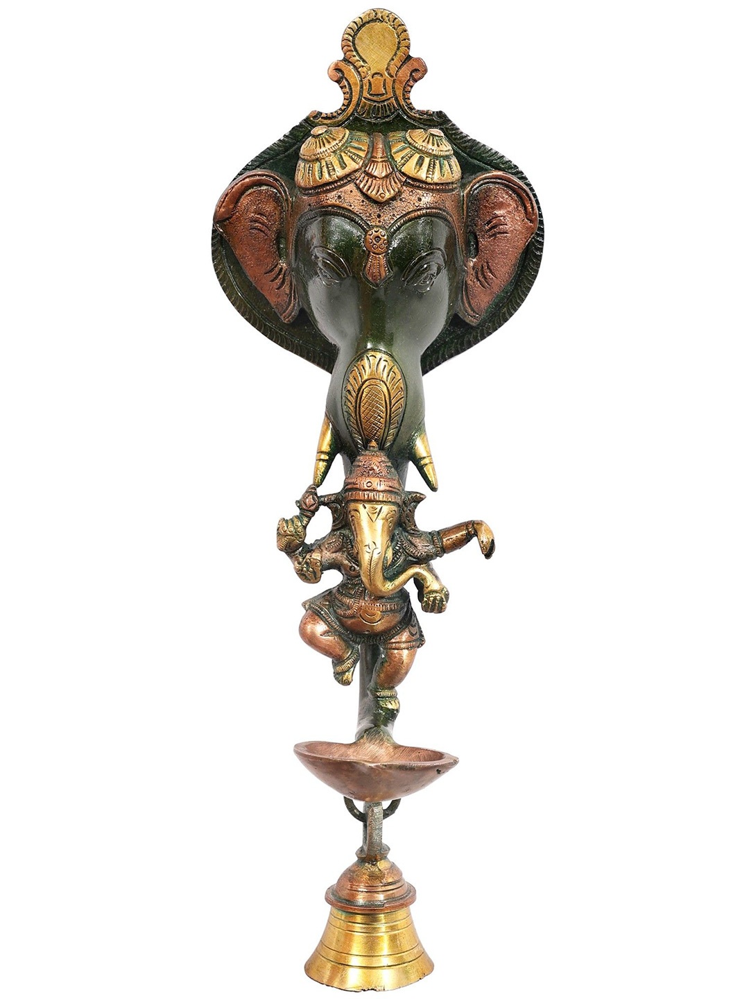 Exotic India 11" Elephant Wall Hanging Lamp and Bell with Dancing Ganesha In Brass, Multi
Exotic India 11" Elephant Wall Hanging Lamp and Bell with Dancing Ganesha In Brass, Multi