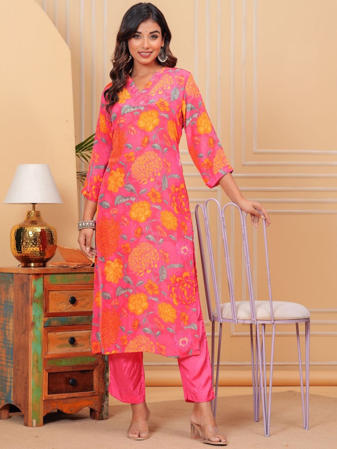 KALINI Women Floral Printed Regular Thread Work Pure Cotton Kurta with Trousers, Pink
KALINI Women Floral Printed Regular Thread Work Pure Cotton Kurta with Trousers, Pink