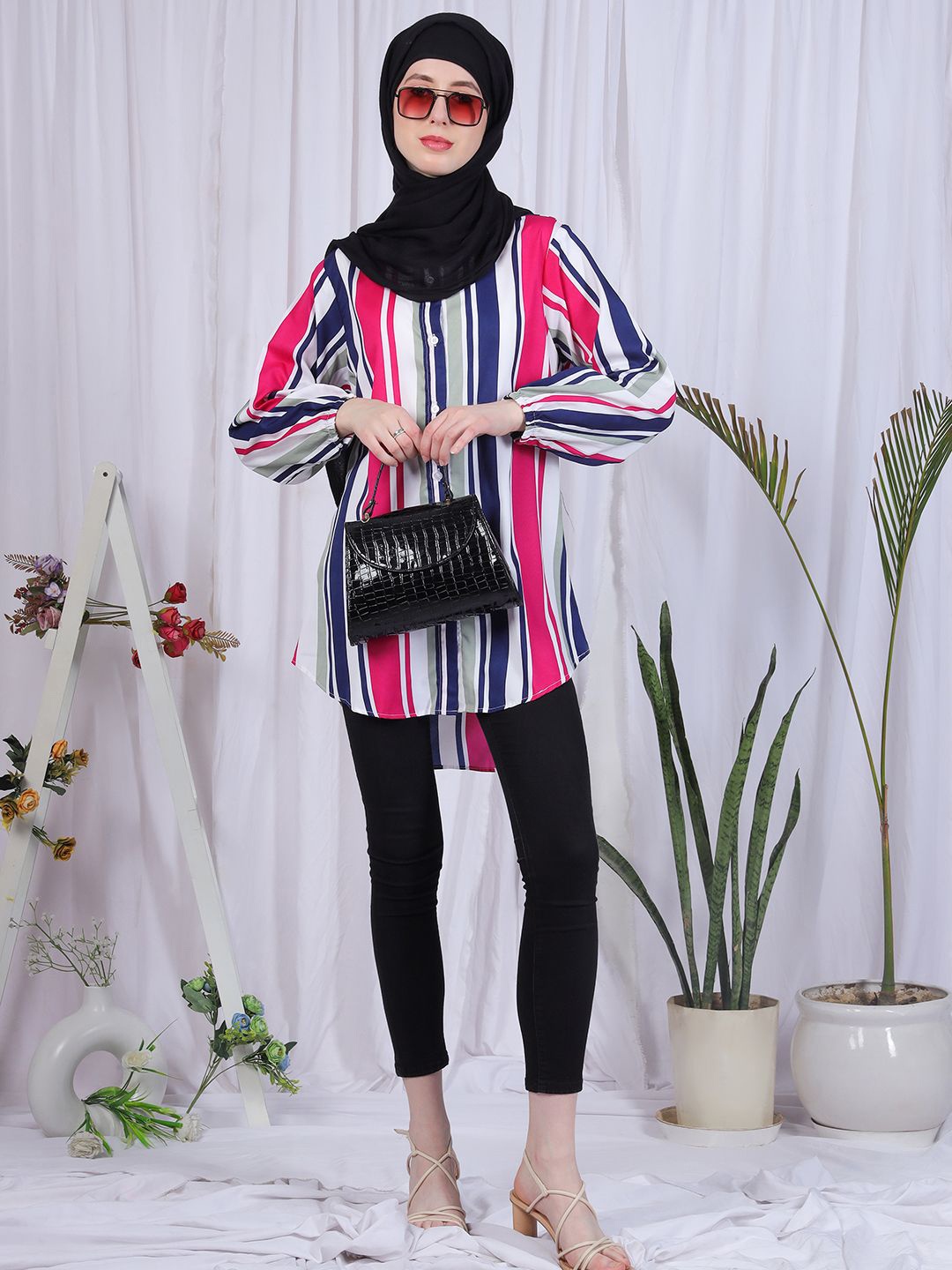 NABIA Relaxed Fit Vertical Striped Mandarin Collar Puffed Sleeves High-Low Casual Shirt, Pink
NABIA Relaxed Fit Vertical Striped Mandarin Collar Puffed Sleeves High-Low Casual Shirt, Pink