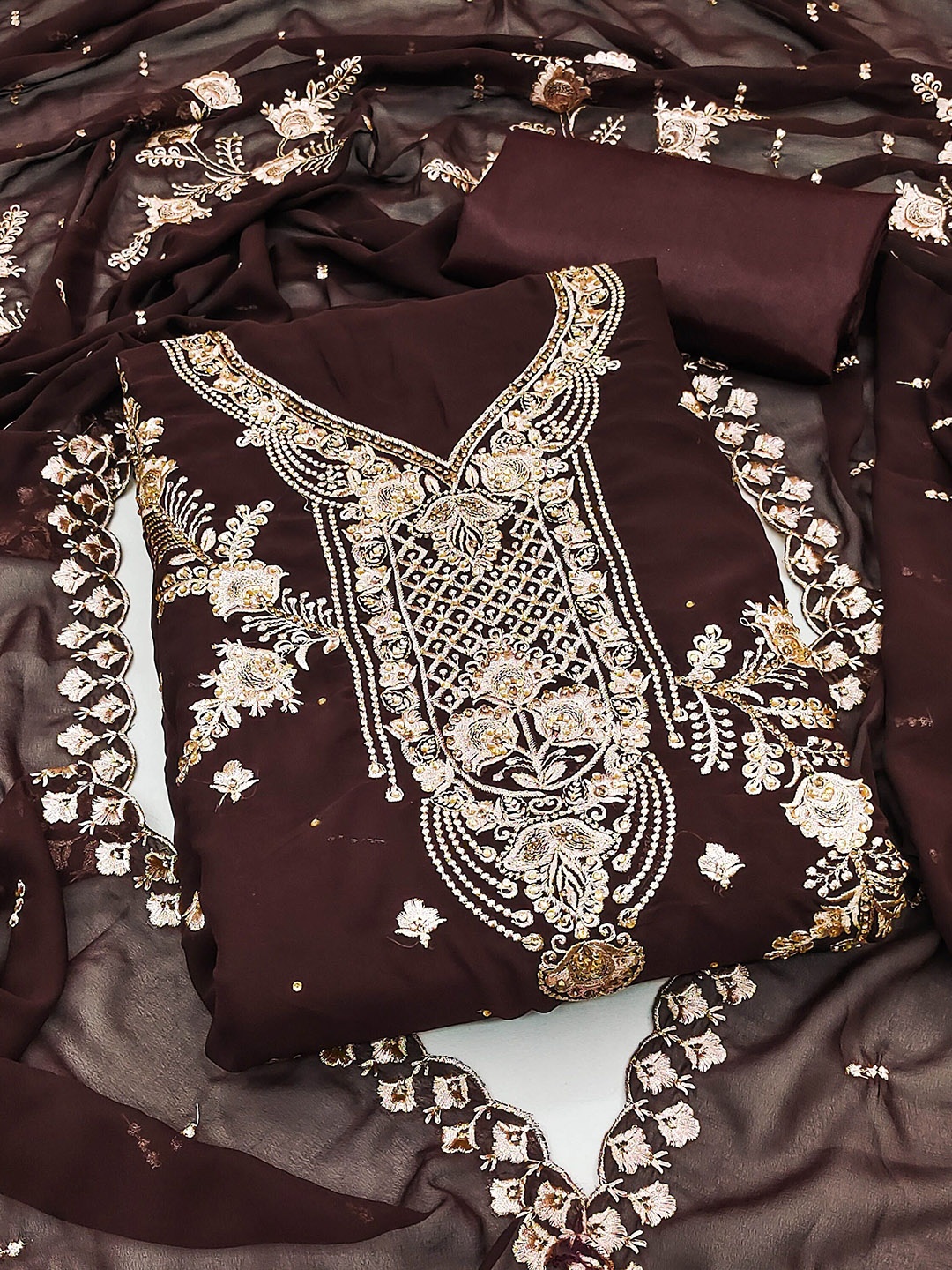 Maroosh Ethnic Motifs Embroidered Beads and Stones Georgette Unstitched Dress Material, Brown
Maroosh Ethnic Motifs Embroidered Beads and Stones Georgette Unstitched Dress Material, Brown