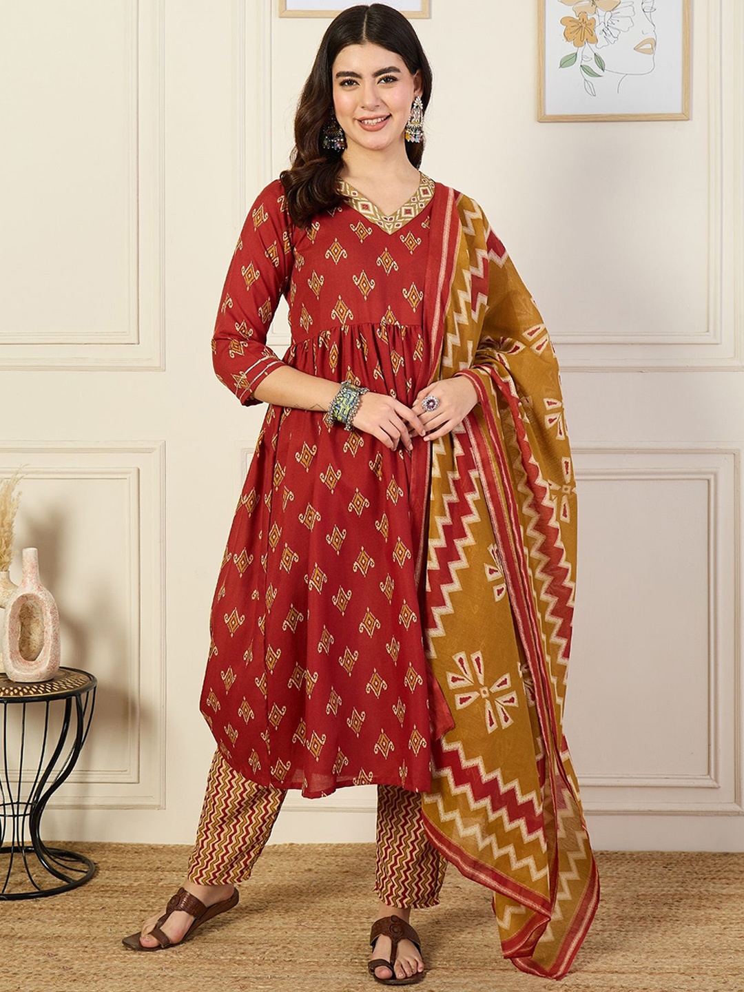 KALINI Women Ethnic Motifs Printed Pleated Anarkali Kurta with Trousers & With Dupatta, Red
KALINI Women Ethnic Motifs Printed Pleated Anarkali Kurta with Trousers & With Dupatta, Red