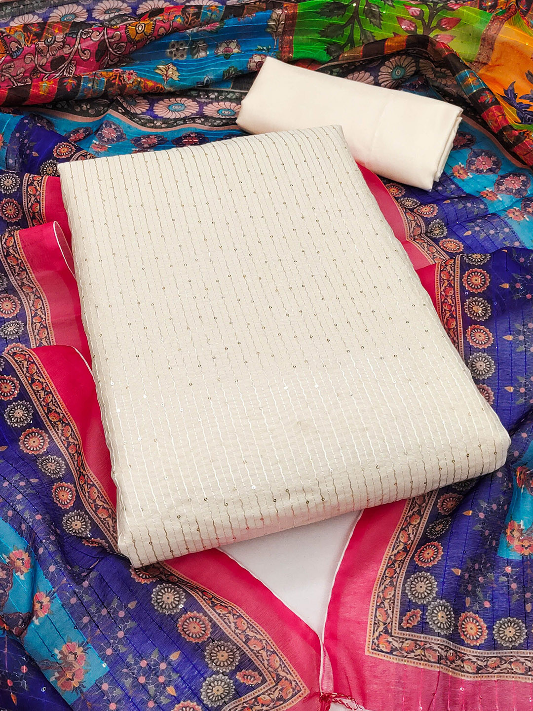 Maroosh Striped Embroidered Sequinned Chanderi Cotton Unstitched Dress Material, White 
Maroosh Striped Embroidered Sequinned Chanderi Cotton Unstitched Dress Material, White