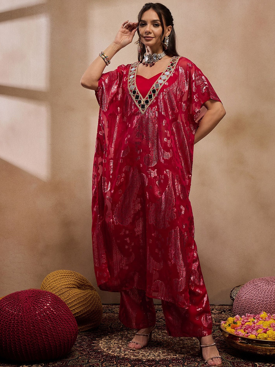 MABISH by Sonal Jain Floral Woven Design Mirror Work Jacquard Kaftan Kurta With Trouser, Red
MABISH by Sonal Jain Floral Woven Design Mirror Work Jacquard Kaftan Kurta With Trouser, Red