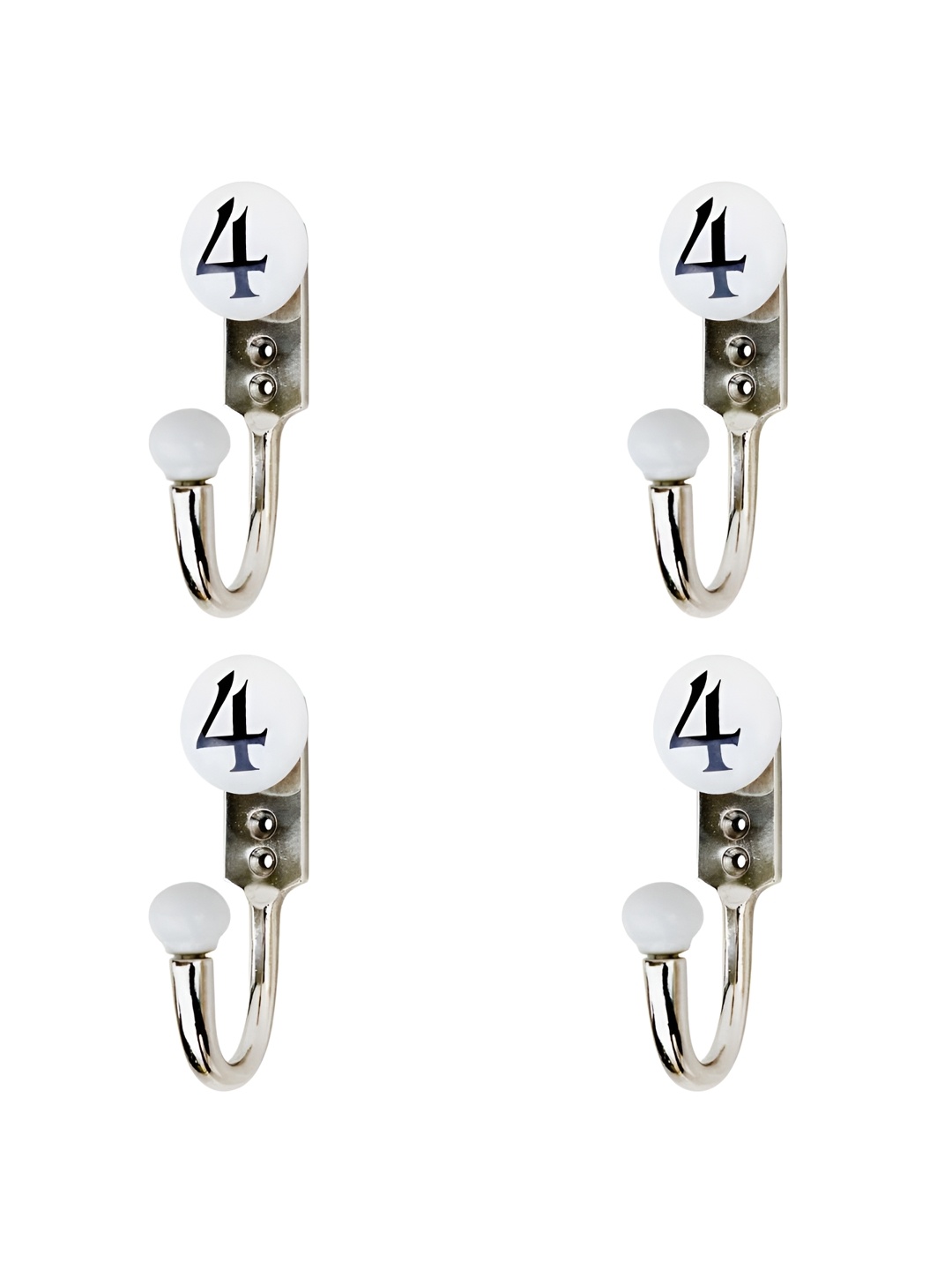 IndianShelf Silver-Toned & White 4 Pieces Number 4 Printed Ceramic & Zinc Wall Hooks
IndianShelf Silver-Toned & White 4 Pieces Number 4 Printed Ceramic & Zinc Wall Hooks