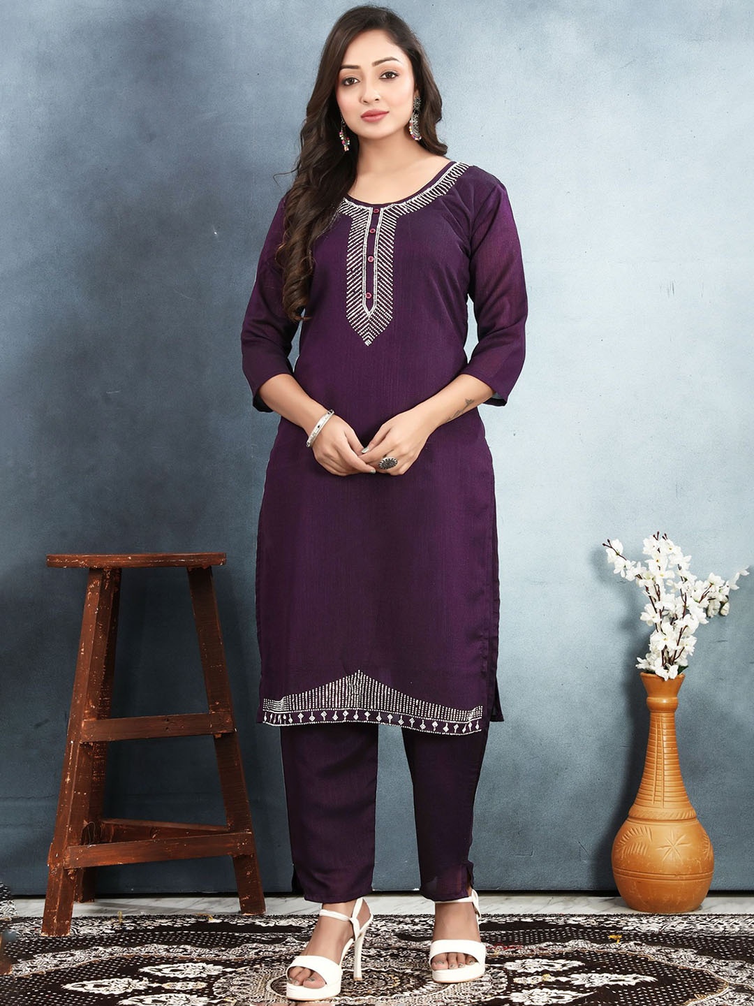 Ekta Textiles Embroidered Yoke Design Thread Work Straight Kurta With Trousers, Purple
Ekta Textiles Embroidered Yoke Design Thread Work Straight Kurta With Trousers, Purple
