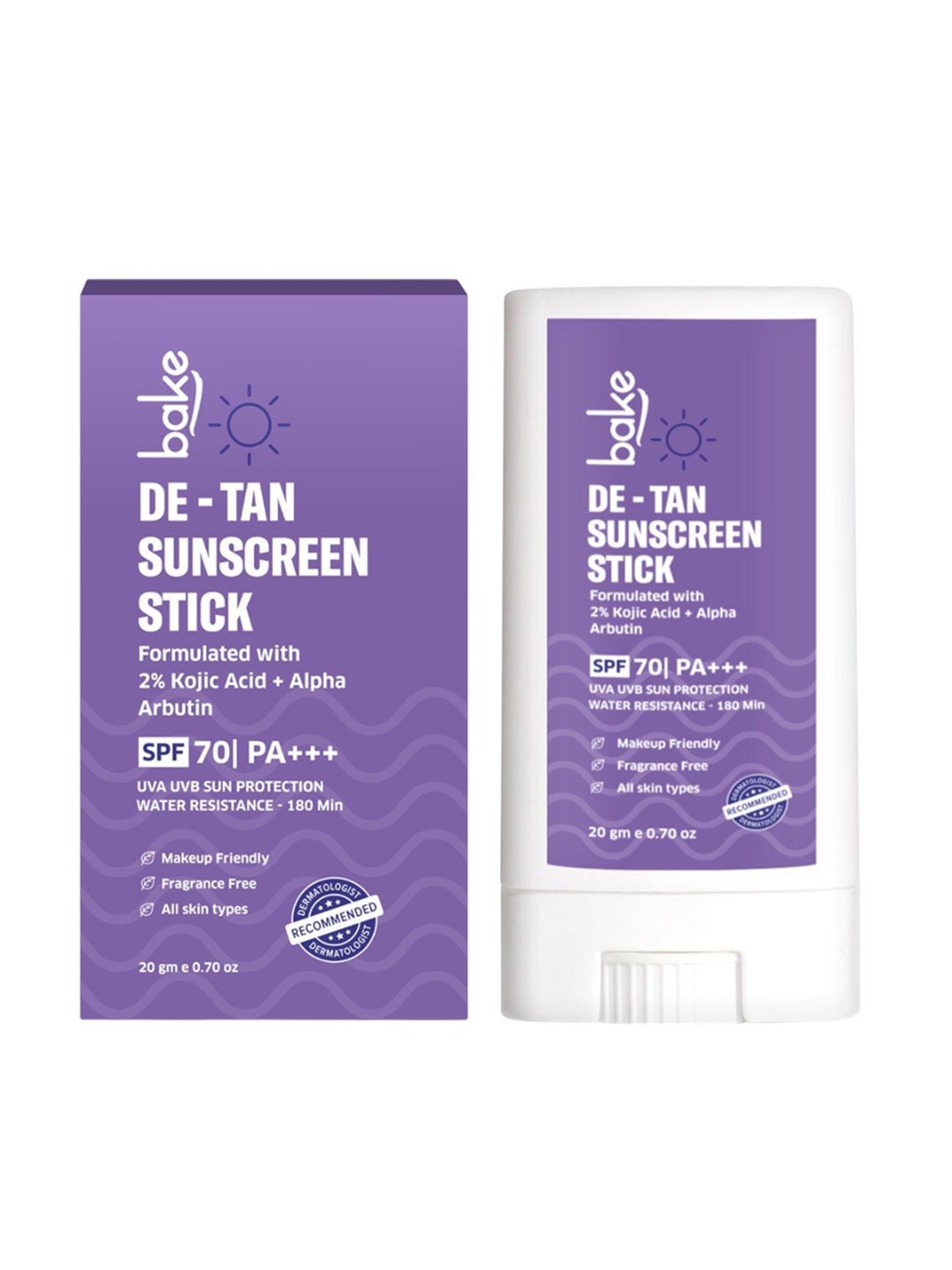BAKE SPF 70 PA+++ De-Tan Sunscreen Stick with 2% Kojic Acid & Alpha Arbutin - 20g, Purple
BAKE SPF 70 PA+++ De-Tan Sunscreen Stick with 2% Kojic Acid & Alpha Arbutin - 20g, Purple